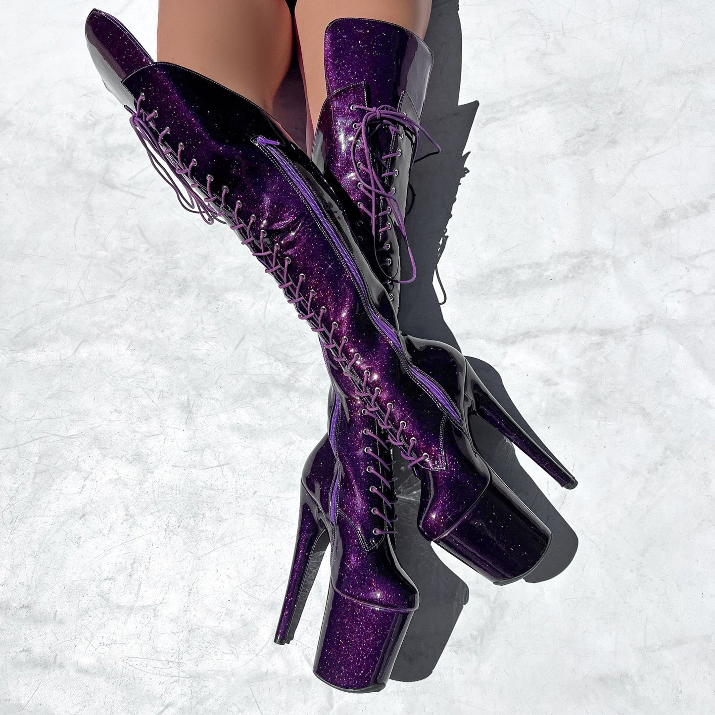 The Glitterati Over Knee Boot - JUICY CALF & WIDE FIT - Purple Rain - 8 INCH