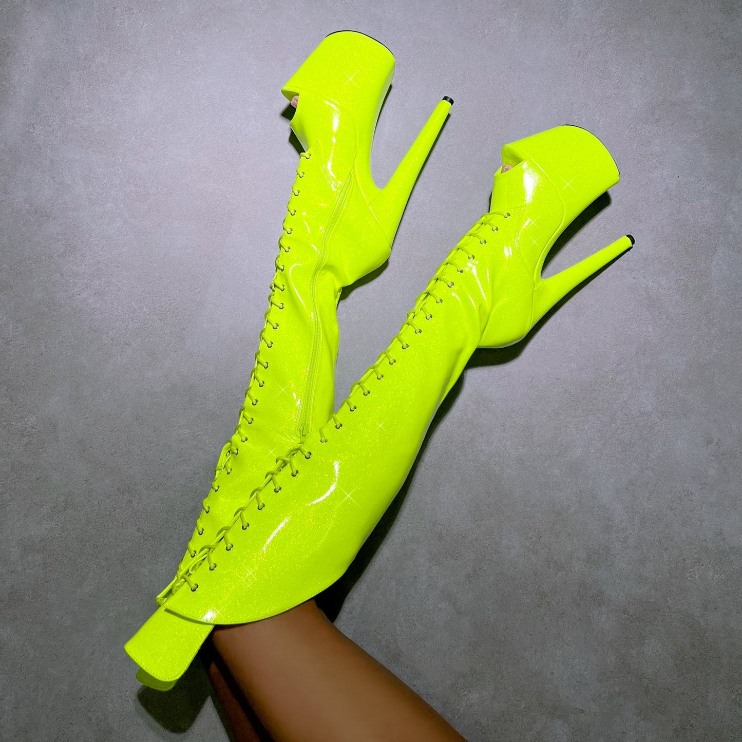 The Glitterati - Citrus Yellow Burst Over Knee Open Toe Boot - 8INCH