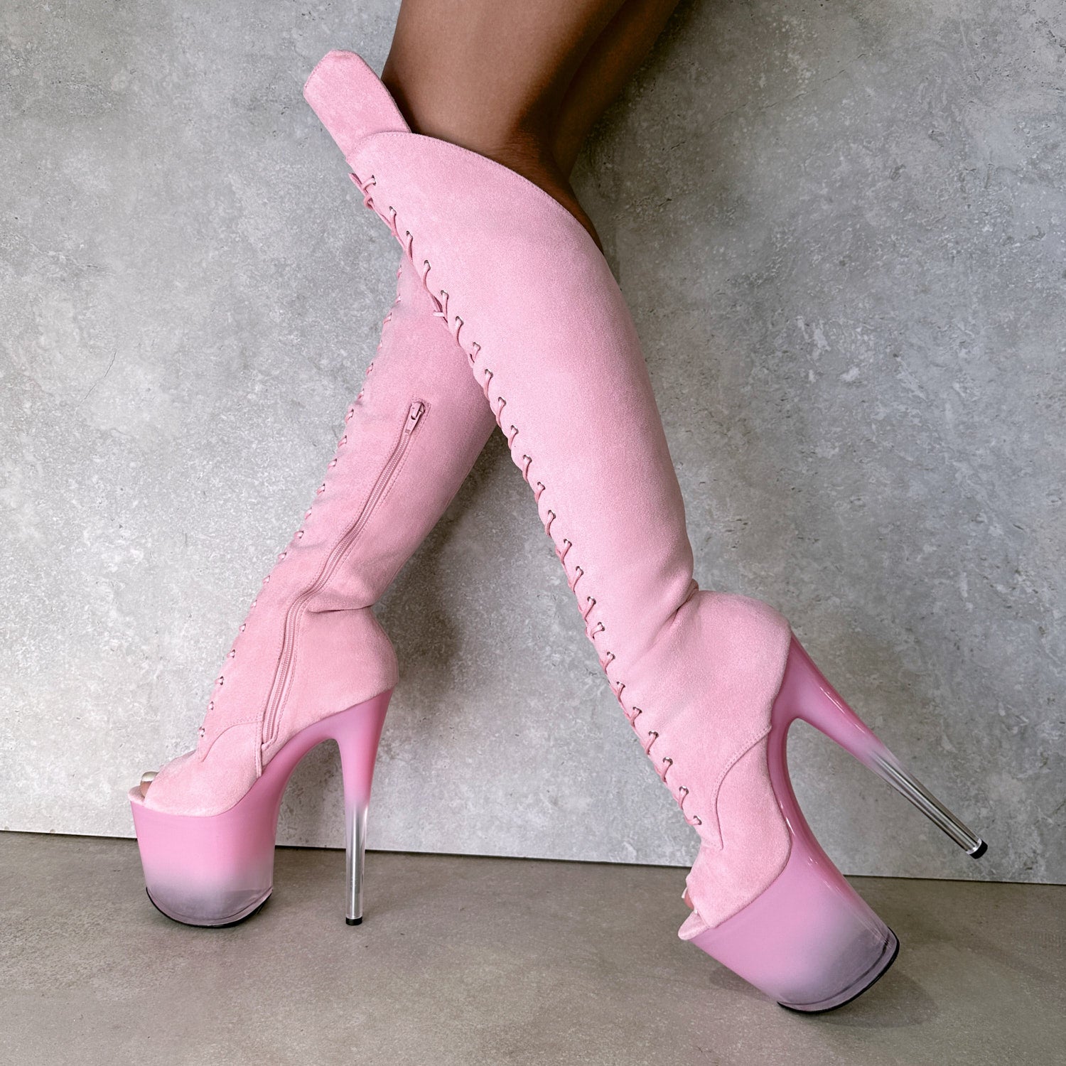 Pink lace up 2025 thigh high boots