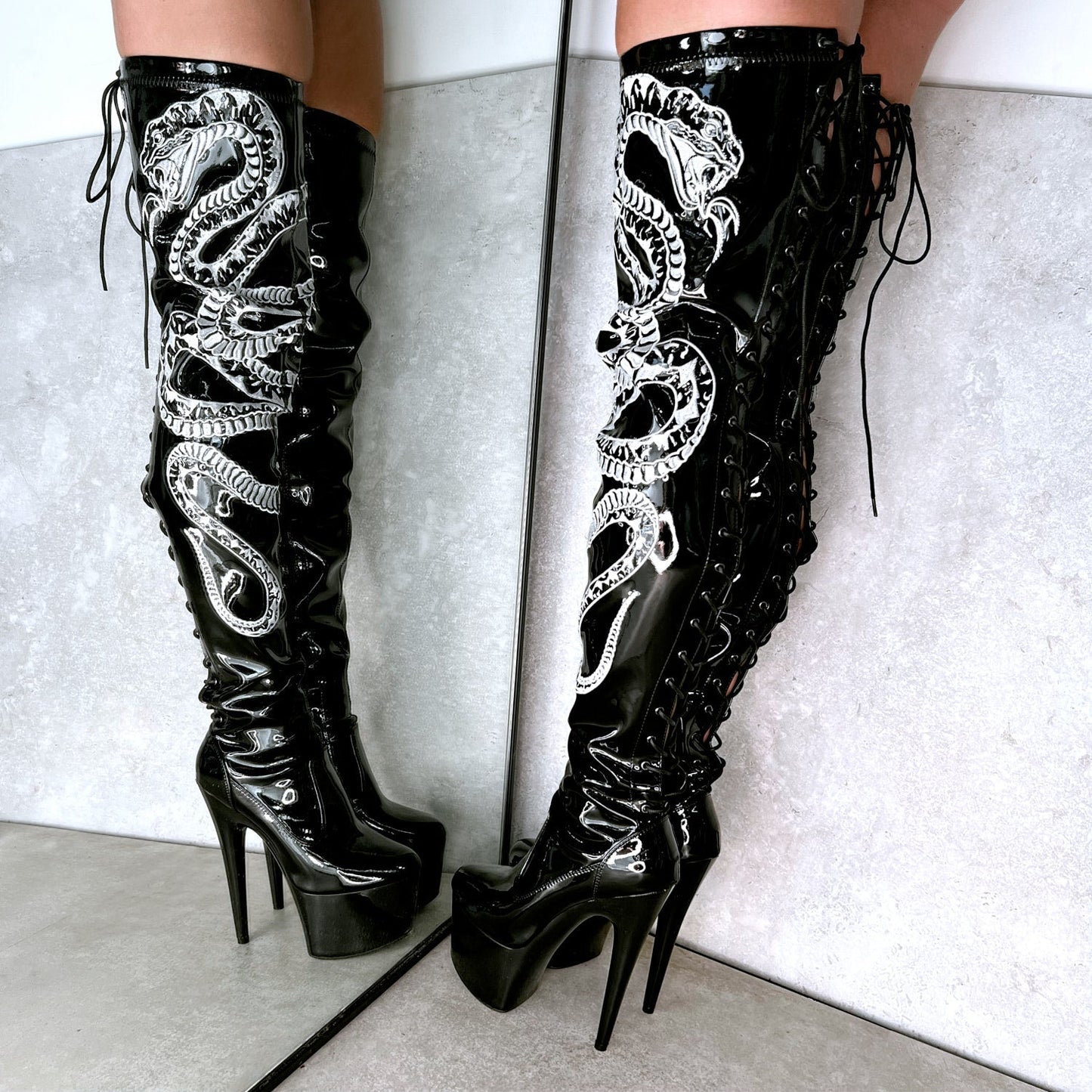 Viper Boot Black with White Thigh High - 7INCH