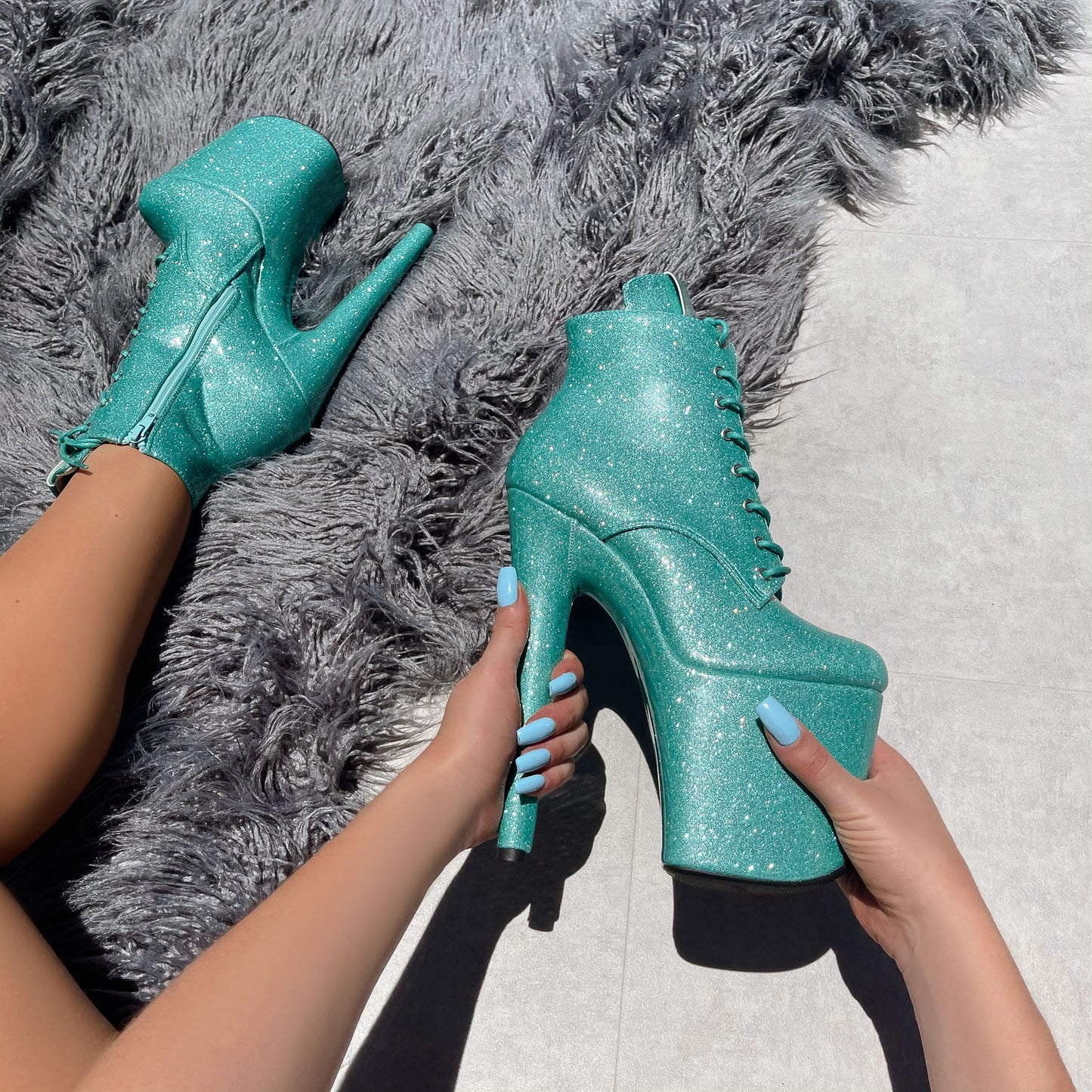 The Glitterati Ankle Boot - Baby Blue - 8 INCH, stripper shoe, stripper heel, pole heel, not a pleaser, platform, dancer, pole dance, floor work