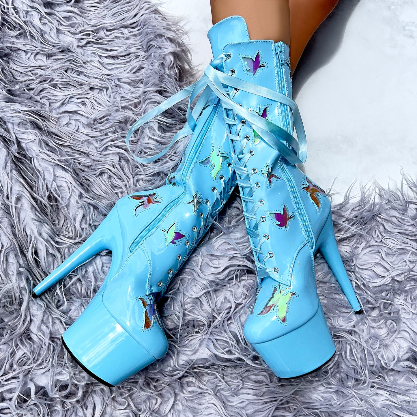 Butterfly Boot - Blue - 7 INCH, stripper shoe, stripper heel, pole heel, not a pleaser, platform, dancer, pole dance, floor work