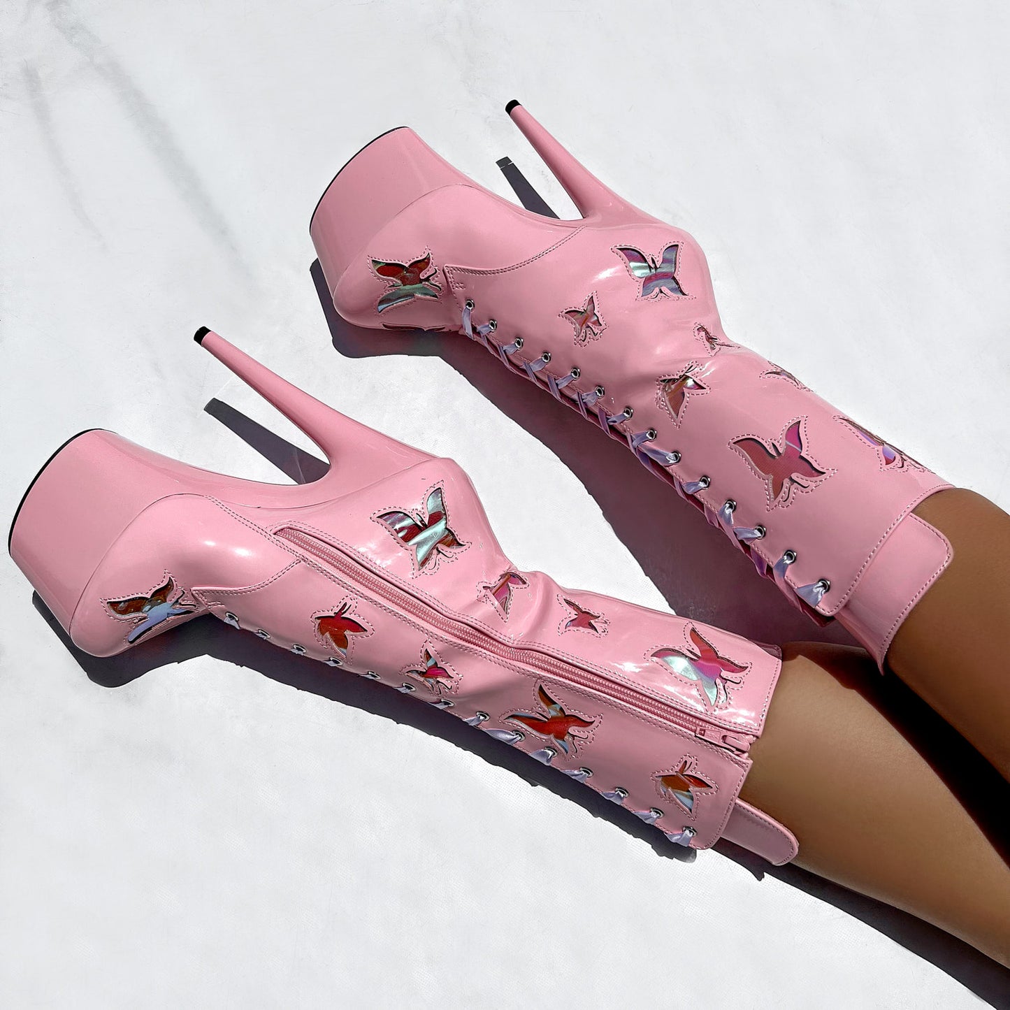 Butterfly Boot - Pink - 7 INCH, stripper shoe, stripper heel, pole heel, not a pleaser, platform, dancer, pole dance, floor work