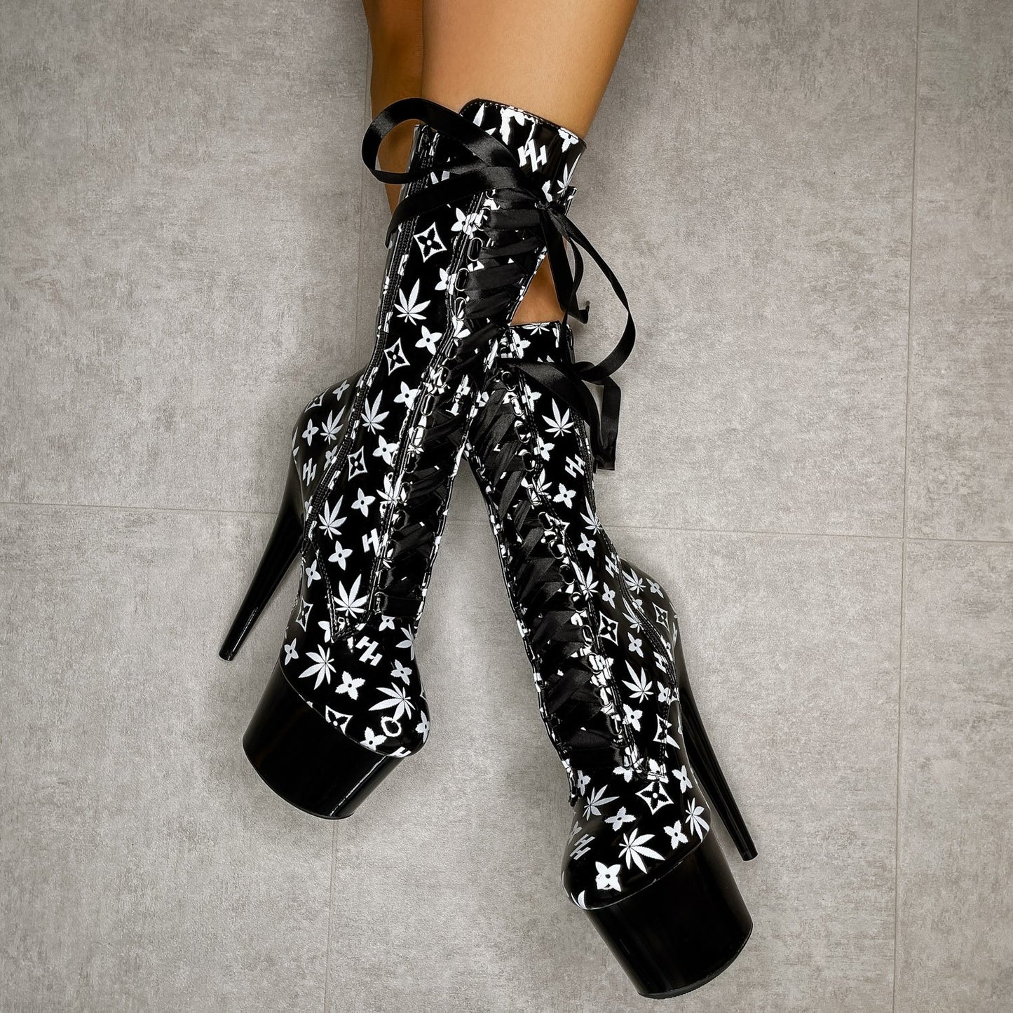 Branded Boot - Black/Black - 7 INCH, stripper shoe, stripper heel, pole heel, not a pleaser, platform, dancer, pole dance, floor work