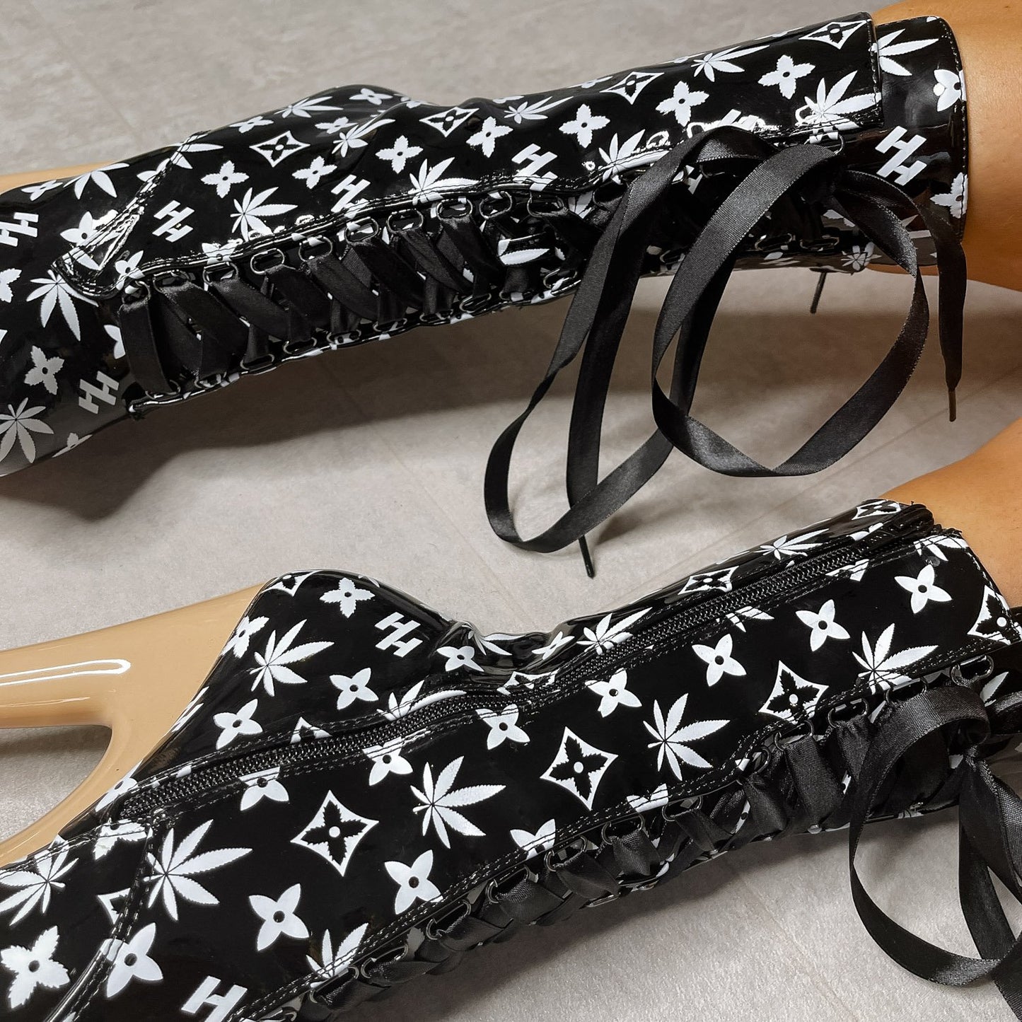 Branded Boot - Black/Sand - 8 INCH, stripper shoe, stripper heel, pole heel, not a pleaser, platform, dancer, pole dance, floor work