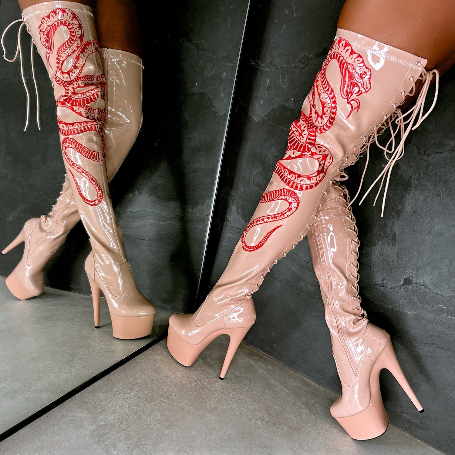 VIPER Boot Tan with Red Thigh High 7INCH UK11 EU44 US13 AU13