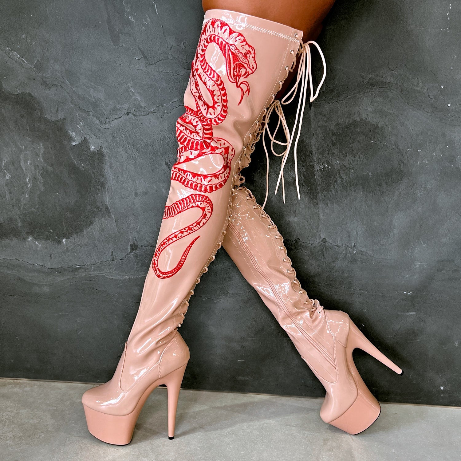 Light Pink Pink Lace Up Knee High Boots Thigh High Boots Pleaser