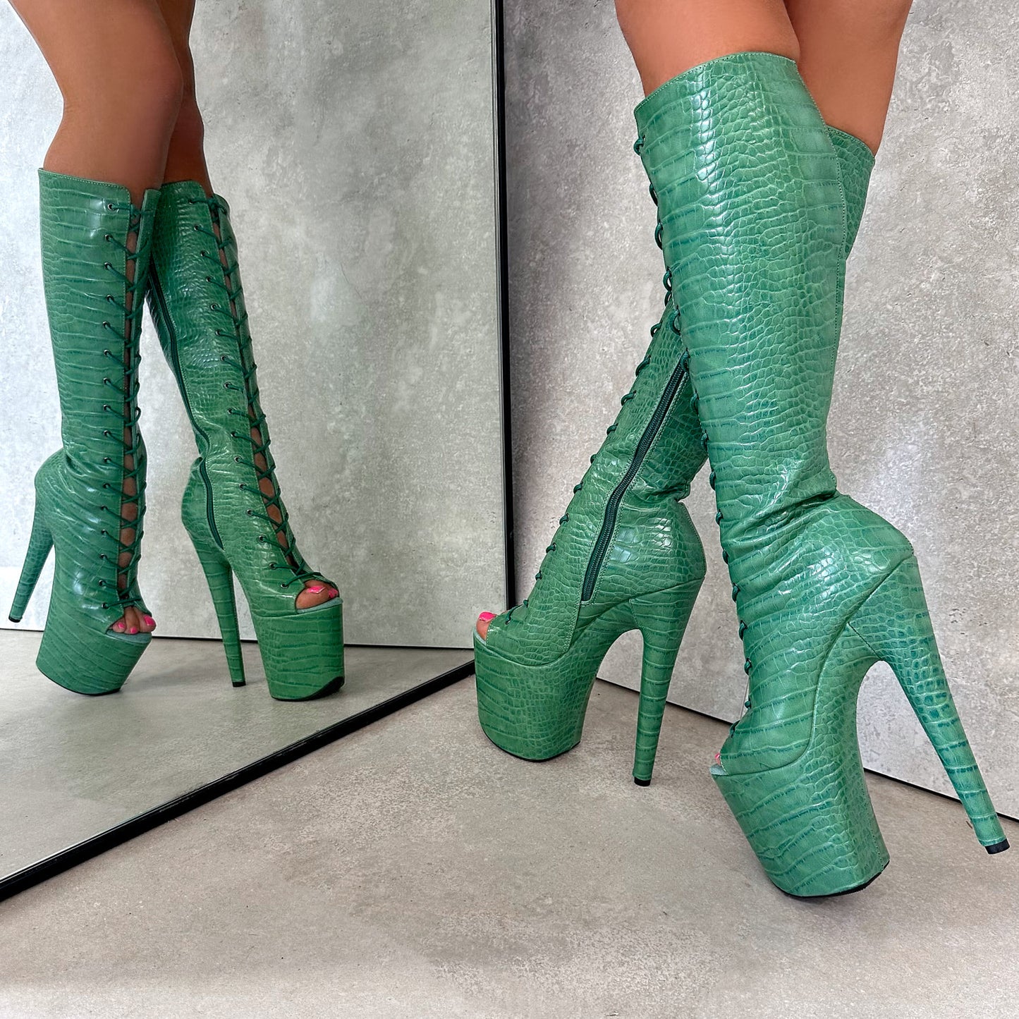 Killing Adam - Knee Boot Open Toe - 8INCH, stripper shoe, stripper heel, pole heel, not a pleaser, platform, dancer, pole dance, floor work