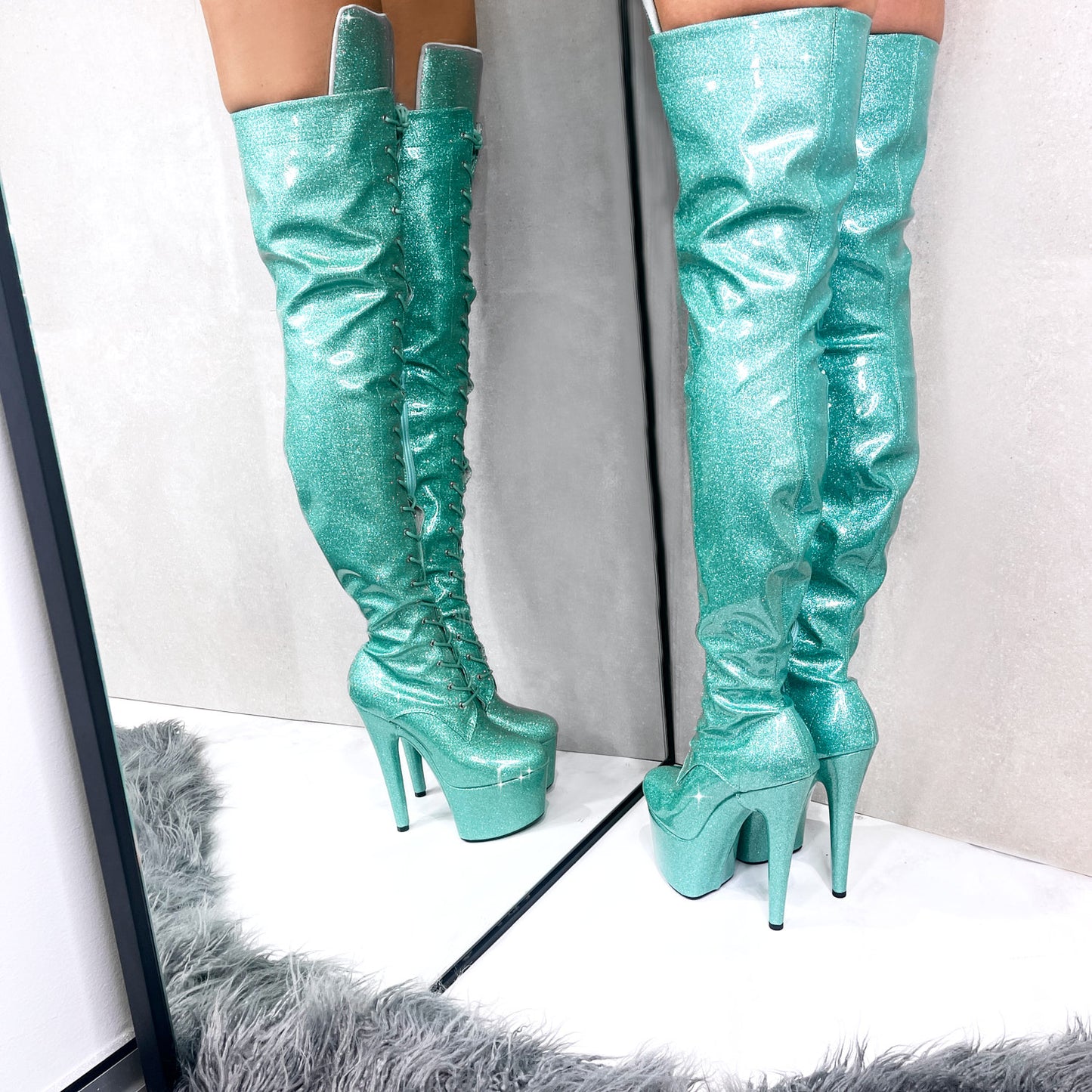 Glitterati Thigh High - Baby Blue - 7 INCH, stripper shoe, stripper heel, pole heel, not a pleaser, platform, dancer, pole dance, floor work