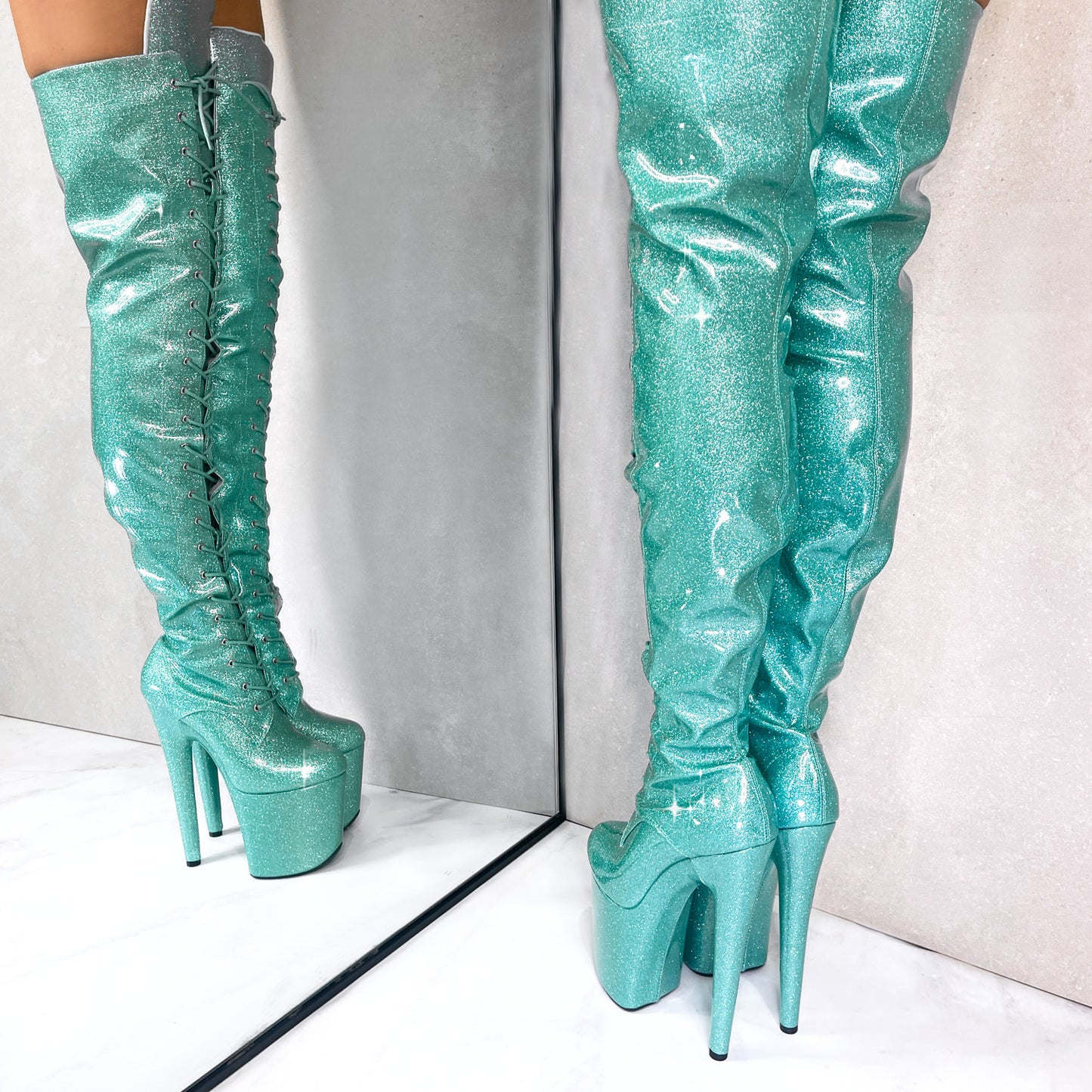 Glitterati Thigh High - Baby Blues - 8 INCH, stripper shoe, stripper heel, pole heel, not a pleaser, platform, dancer, pole dance, floor work