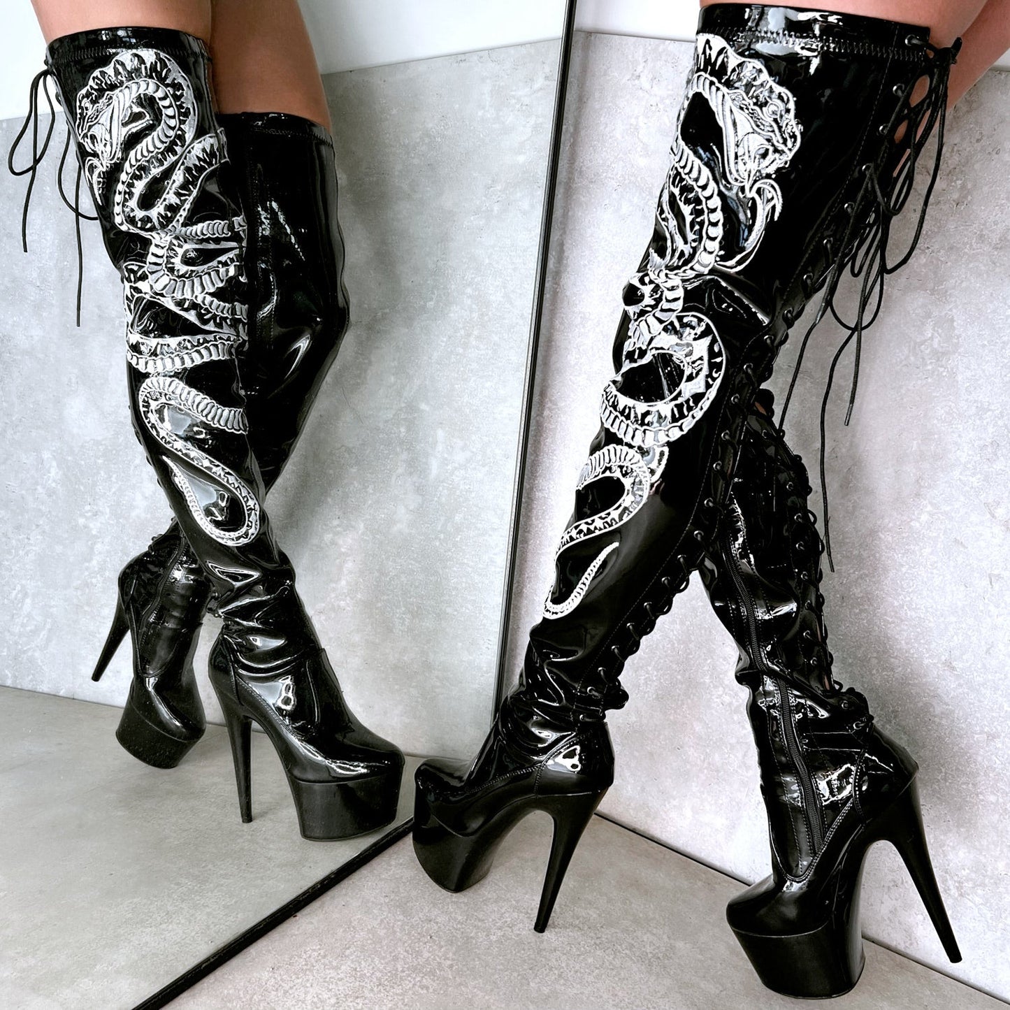 Viper Boot Black with White Thigh High - 7INCH