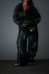 Anime Pole Dancer Wide Leg Sweatpants - Love of Hustlers Iridescent Blue / Green Sparkle