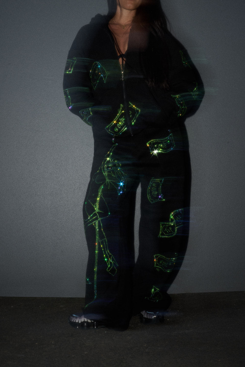 Anime Pole Dancer Wide Leg Sweatpants - Love of Hustlers Iridescent Blue / Green Sparkle