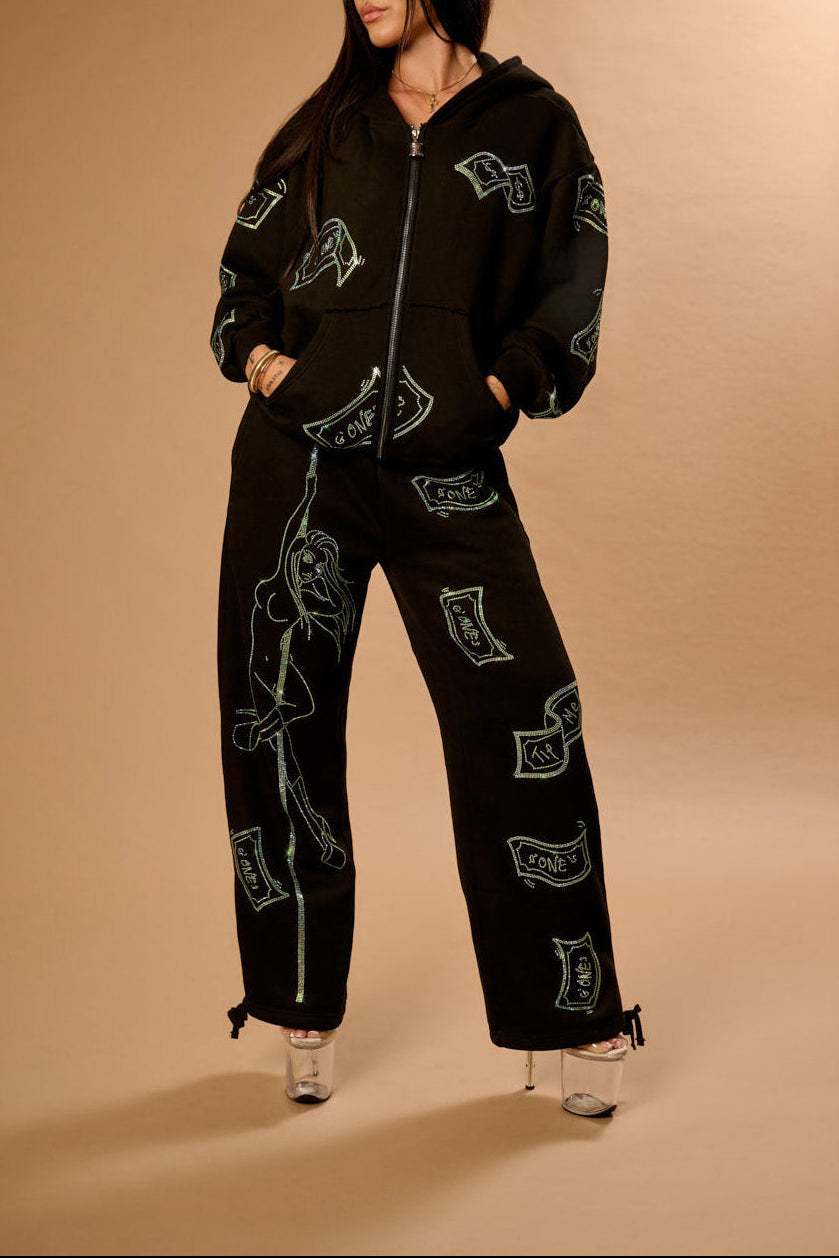 Anime Pole Dancer Wide Leg Sweatpants - Love of Hustlers Iridescent Blue / Green Sparkle