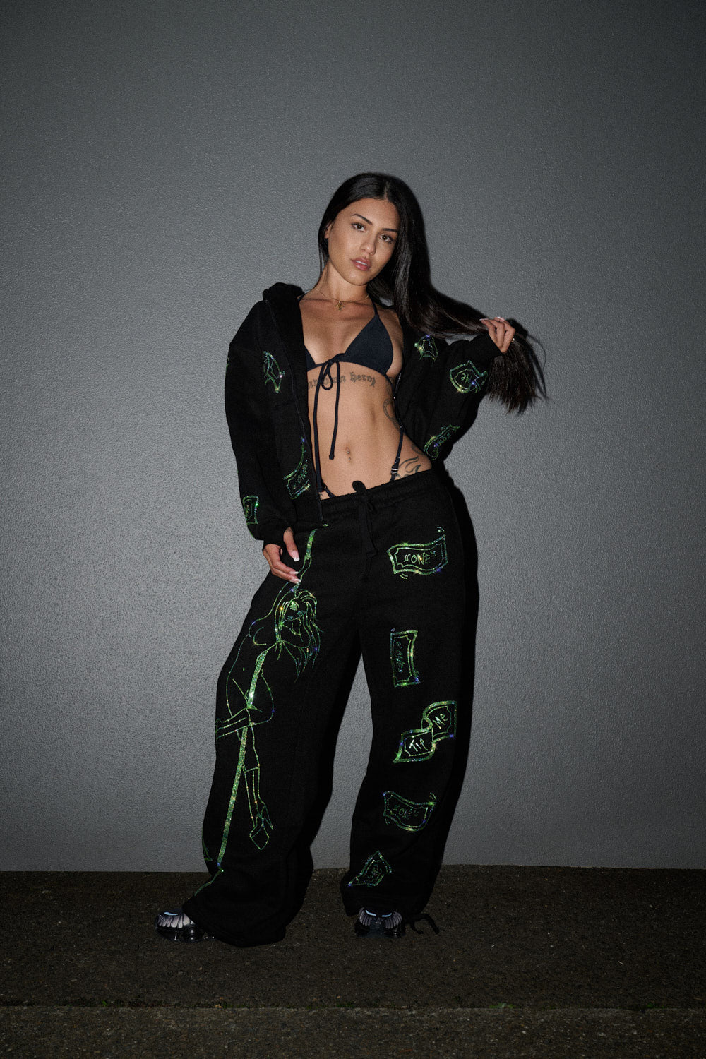 Anime Pole Dancer Zip Up Hoodie - Love of Hustlers Iridescent Blue / Green Sparkle