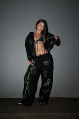 Anime Pole Dancer Wide Leg Sweatpants - Love of Hustlers Iridescent Blue / Green Sparkle