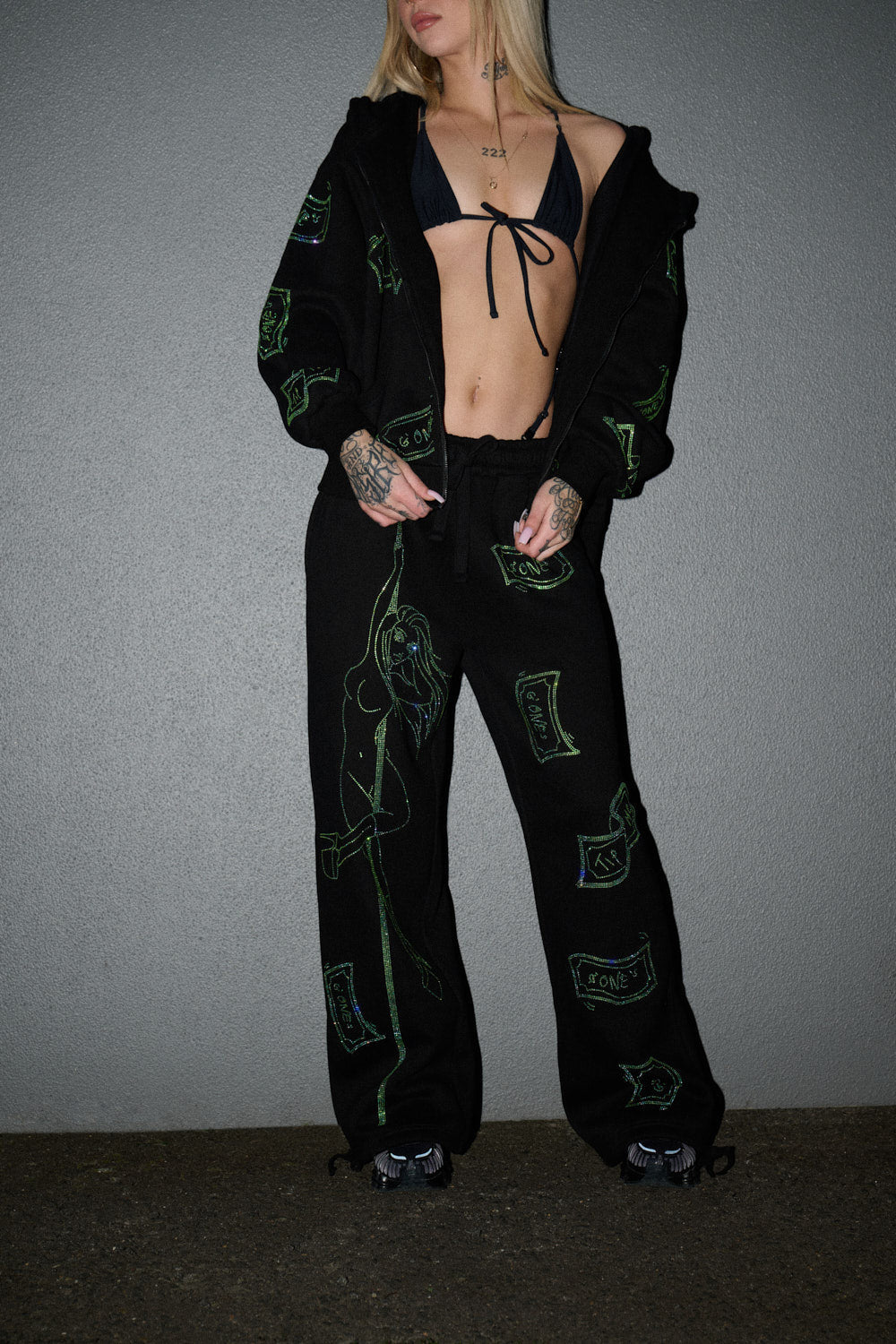 Anime Pole Dancer Wide Leg Sweatpants - Love of Hustlers Iridescent Blue / Green Sparkle