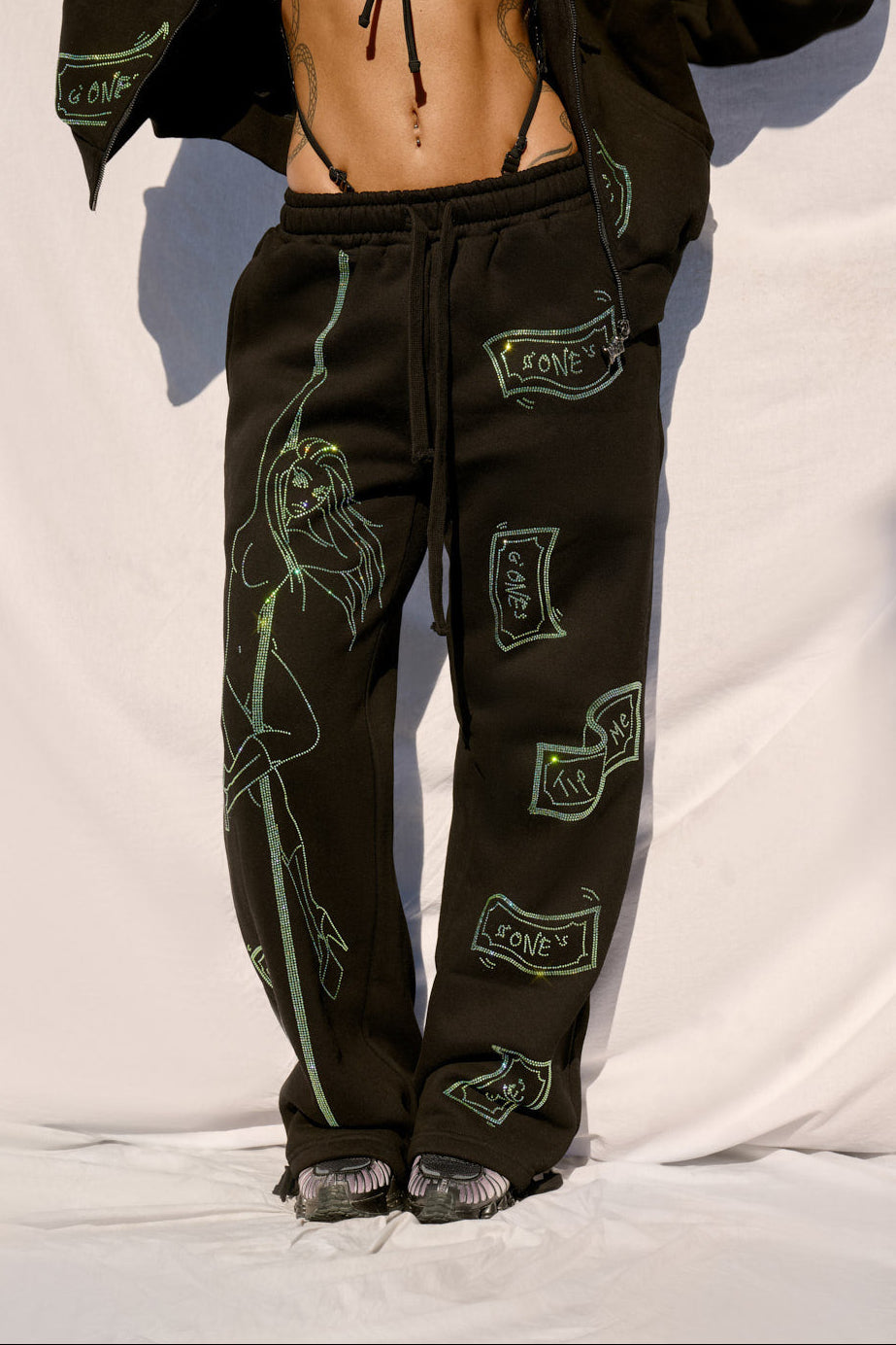 Anime Pole Dancer Wide Leg Sweatpants - Love of Hustlers Iridescent Blue / Green Sparkle
