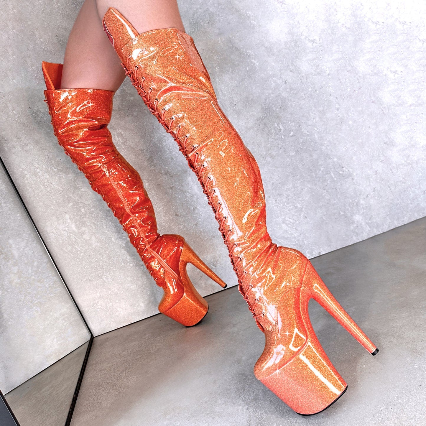 The Glitterati Thigh High - Tangerine Dream - 8 INCH