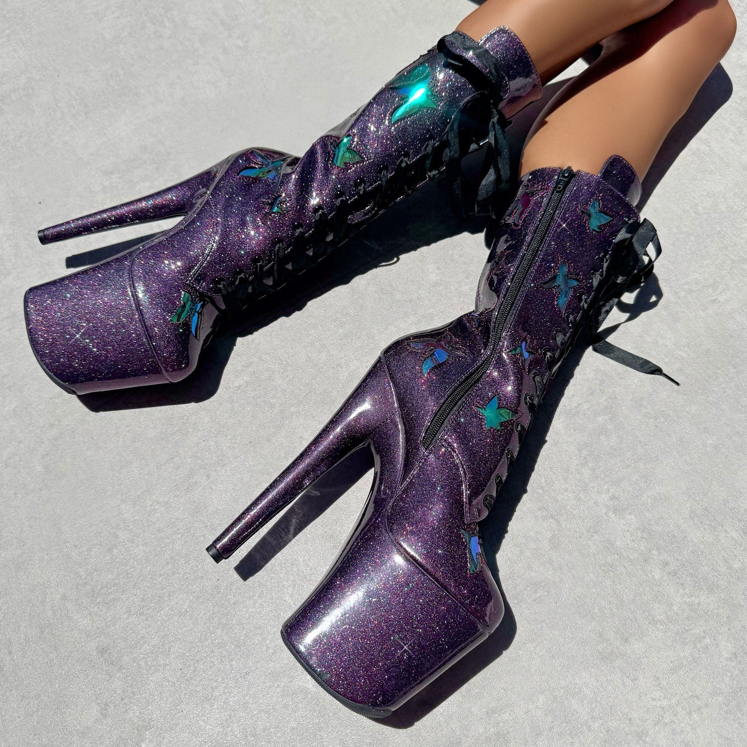 The Glitterati Butterfly Wide Fit  Boot - Mystical Purple - 8INCH