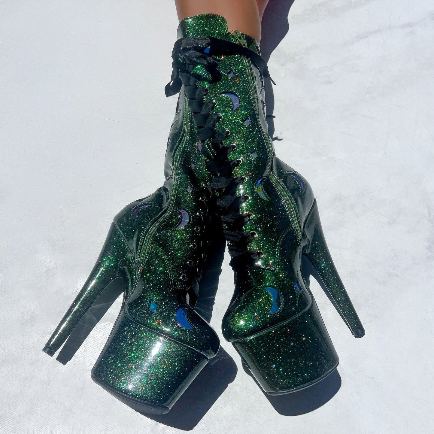 The Glitterati Cosmic Wide Fit  Boot - Emerald Sparkle - 7INCH