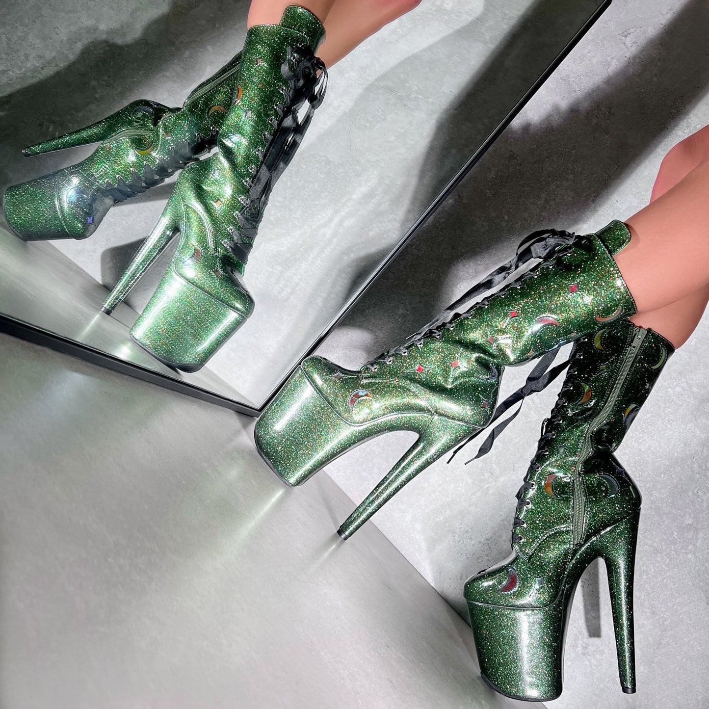 The Glitterati Cosmic Wide Fit  Boot - Emerald Sparkle - 8INCH