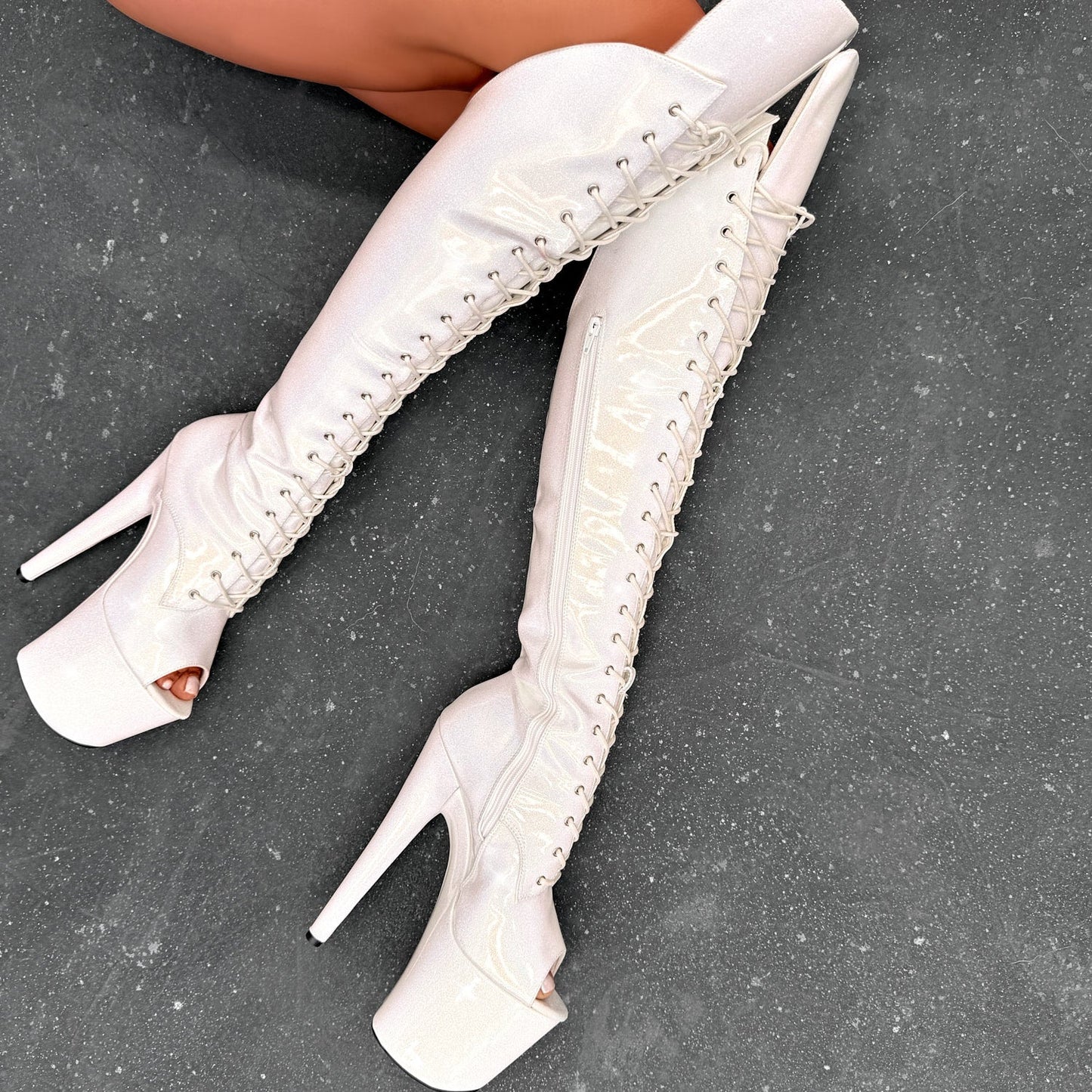 The Glitterati - Snow Kween Over Knee Open Toe Boot  - 8INCH