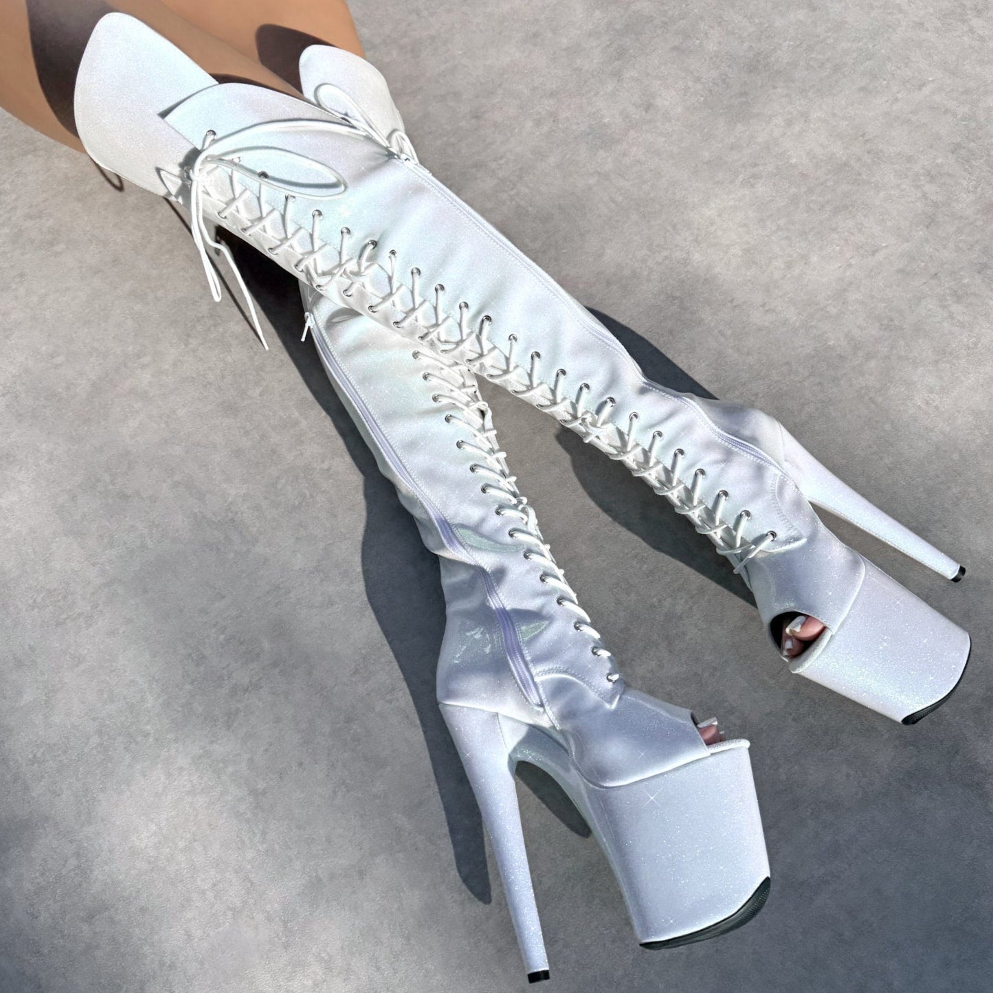 The Glitterati - Snow Kween Over Knee Open Toe Boot  - 8INCH