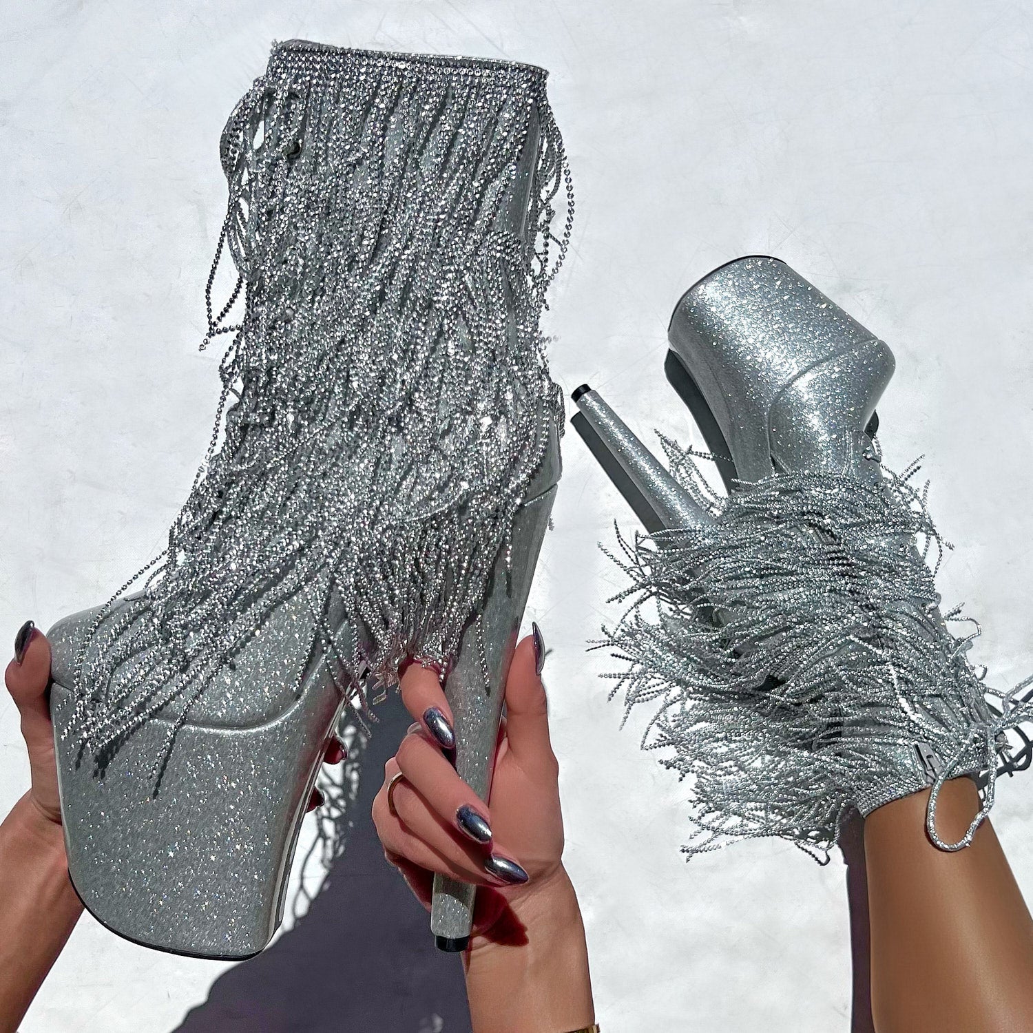 Chrome Cowgirls - Boot - Silver Glitterati - 8INCH