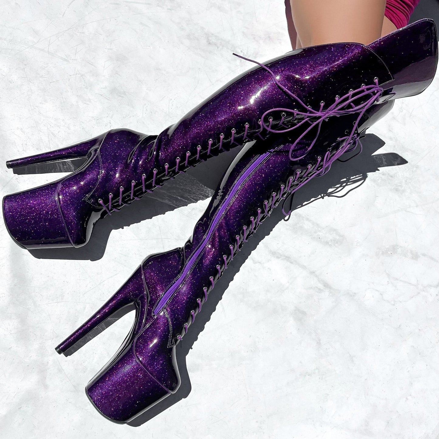 The Glitterati Over Knee Boot - JUICY CALF & WIDE FIT - Purple Rain - 8 INCH