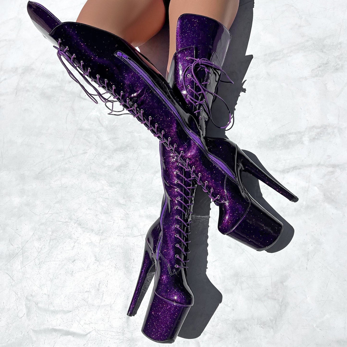 The Glitterati Over Knee Boot - JUICY CALF & WIDE FIT - Purple Rain - 8 INCH