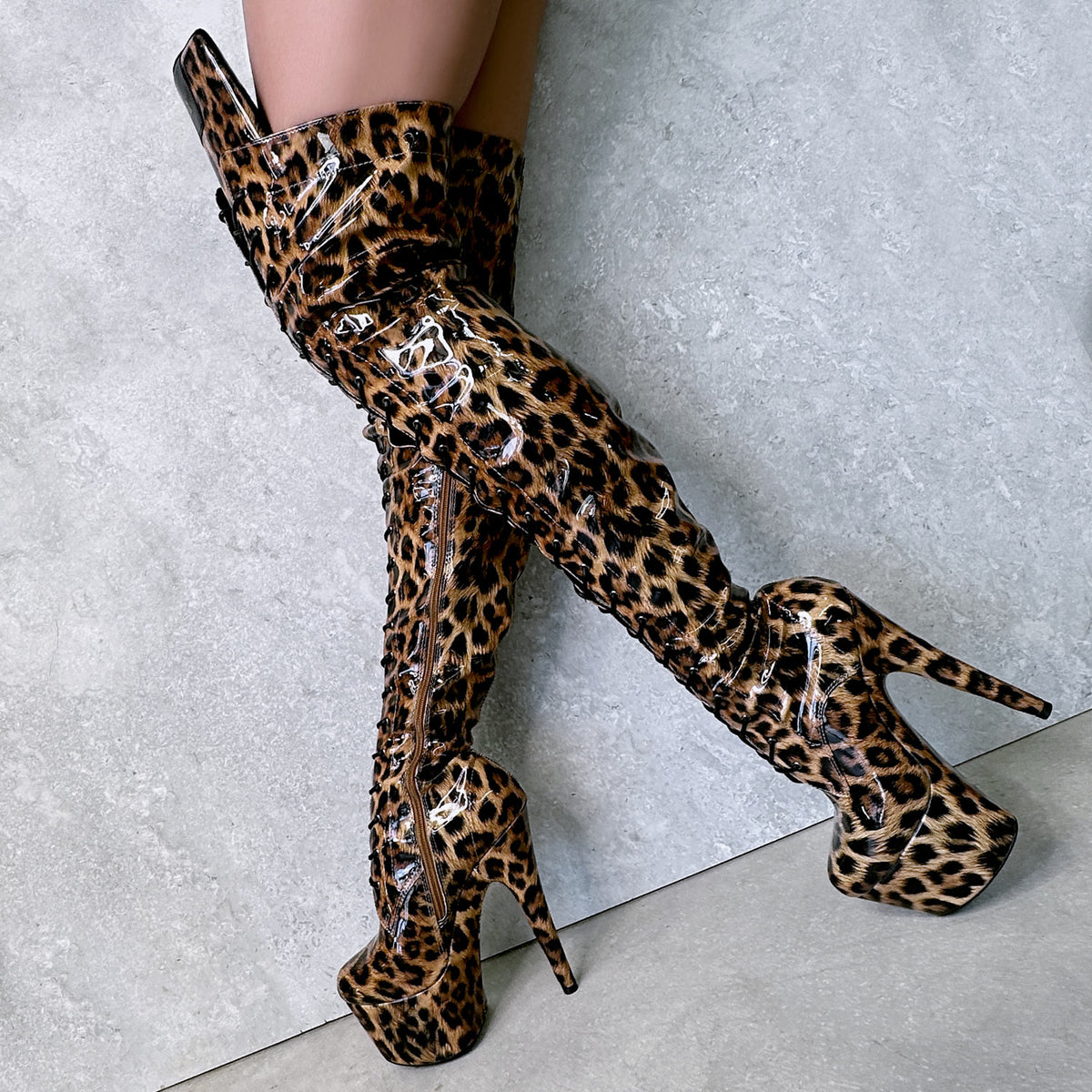 Leopard Thigh High Front Lace - 7 INCH