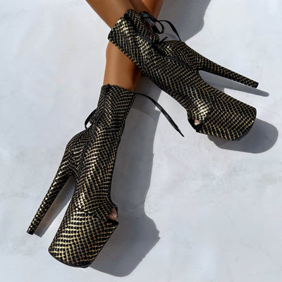 Khaleesi Open Toe Corset Boot - Black & Gold - 8INCH