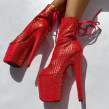 Khaleesi Open Toe Corset Boot - Red & Gold - 8INCH