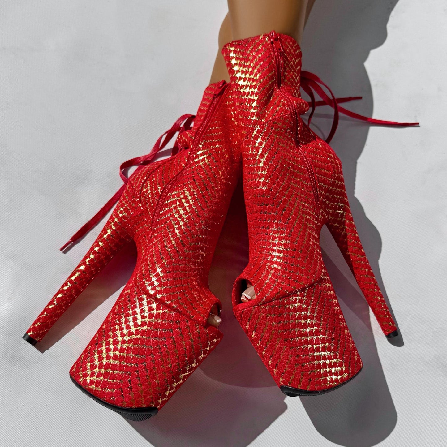 Khaleesi Open Toe Corset Boot - Red & Gold - 8INCH