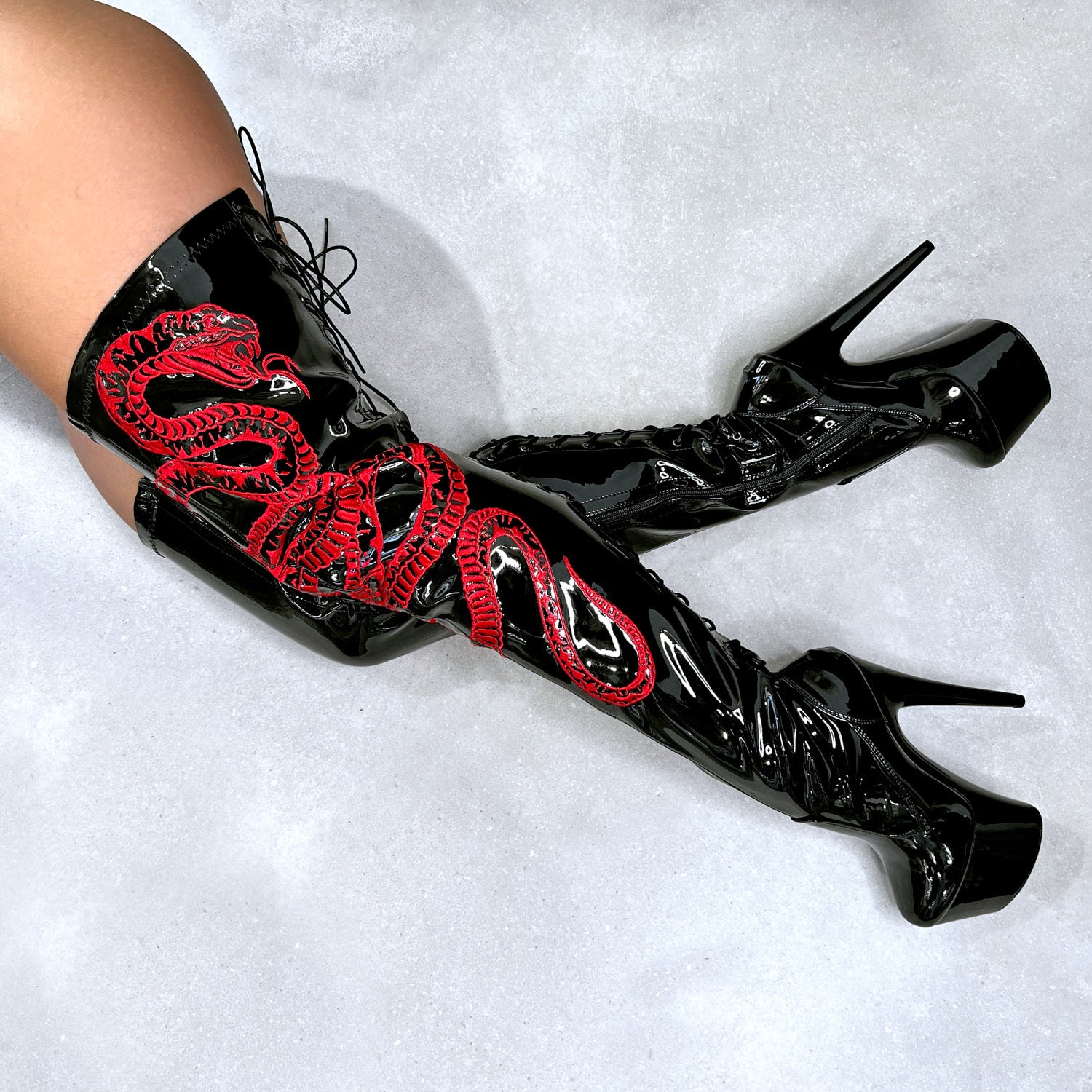 VIPER Boot Black with Red Thicc Thigh High - 7INCH, stripper shoe, stripper heel, pole heel, not a pleaser, platform, dancer, pole dance, floor work
