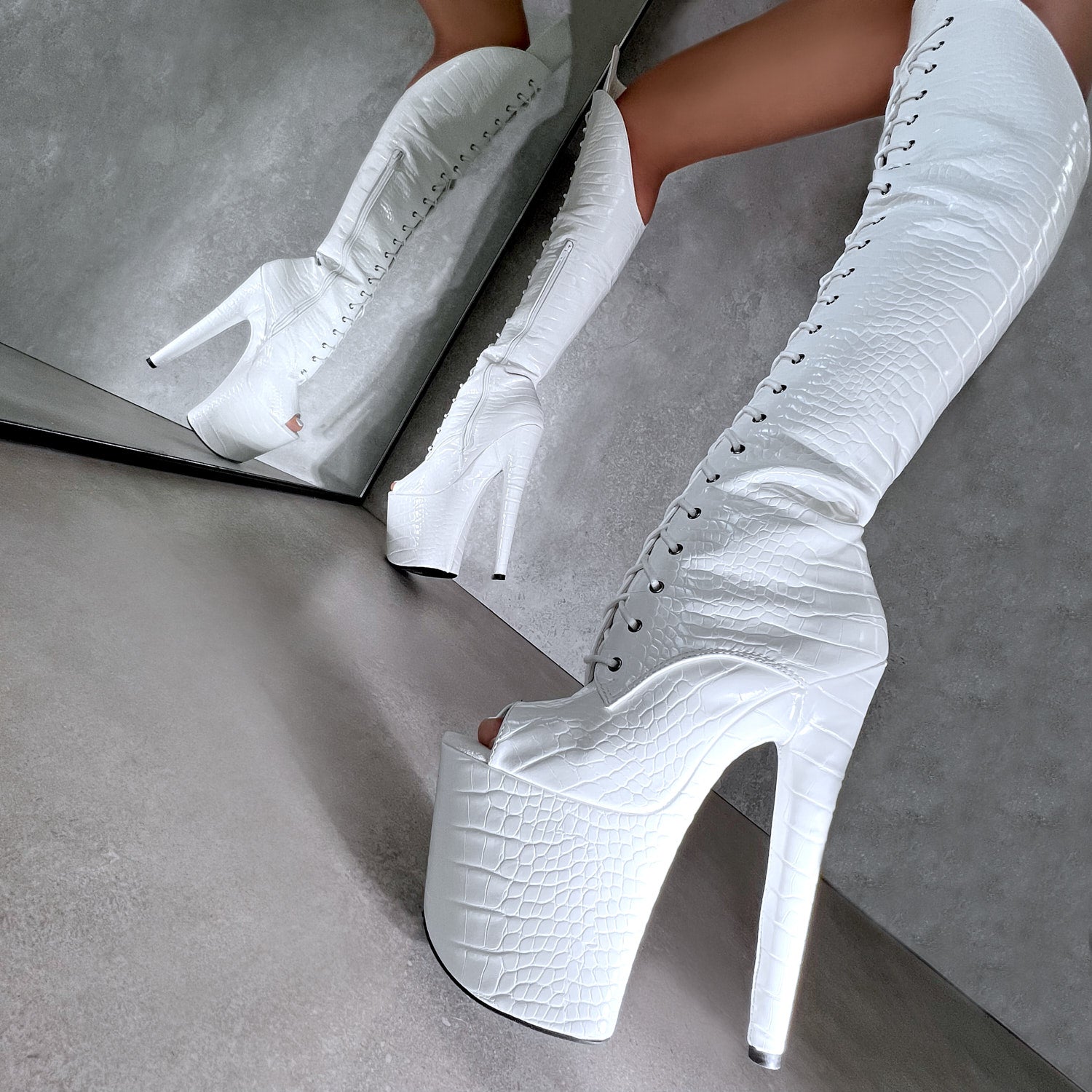 Ghosted Open Toe Over Knee Boot - 8 INCH - Old Style - Check description