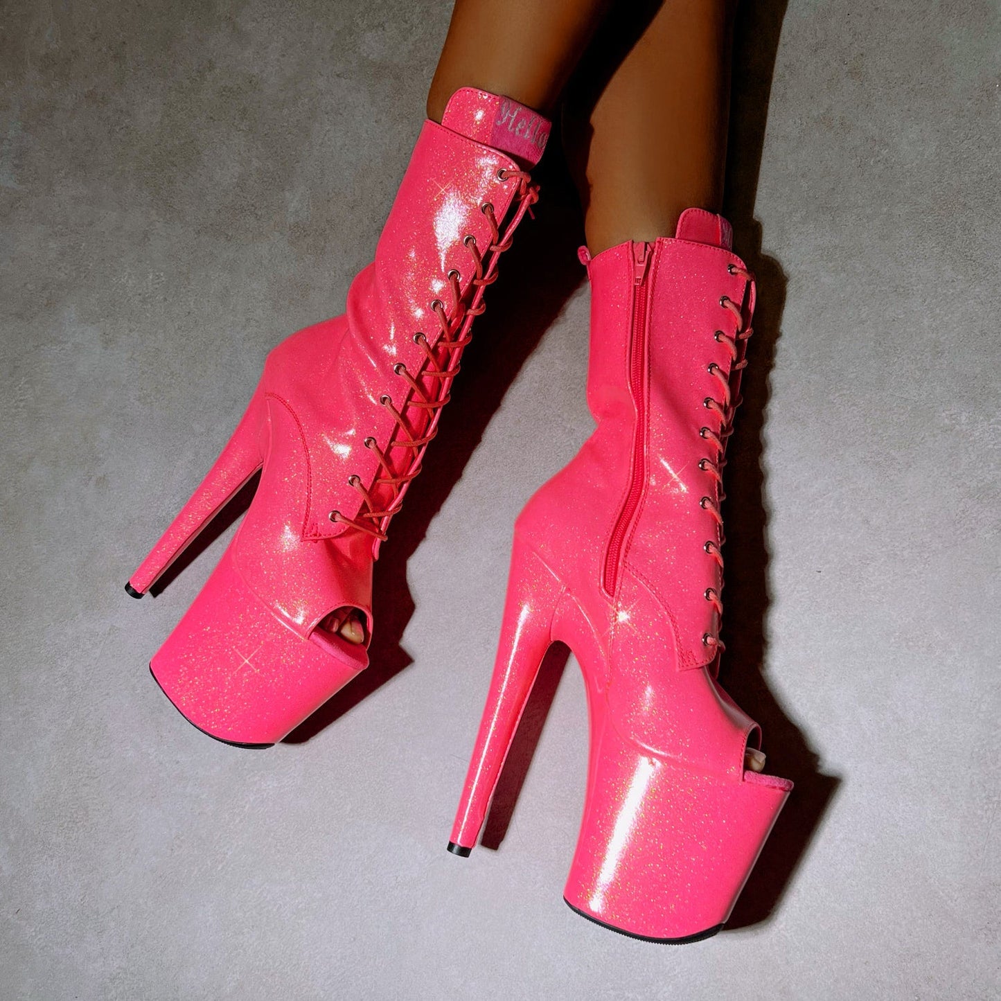 The Glitterati Boot Open Toe - Juicy Pink Burst - 8 INCH