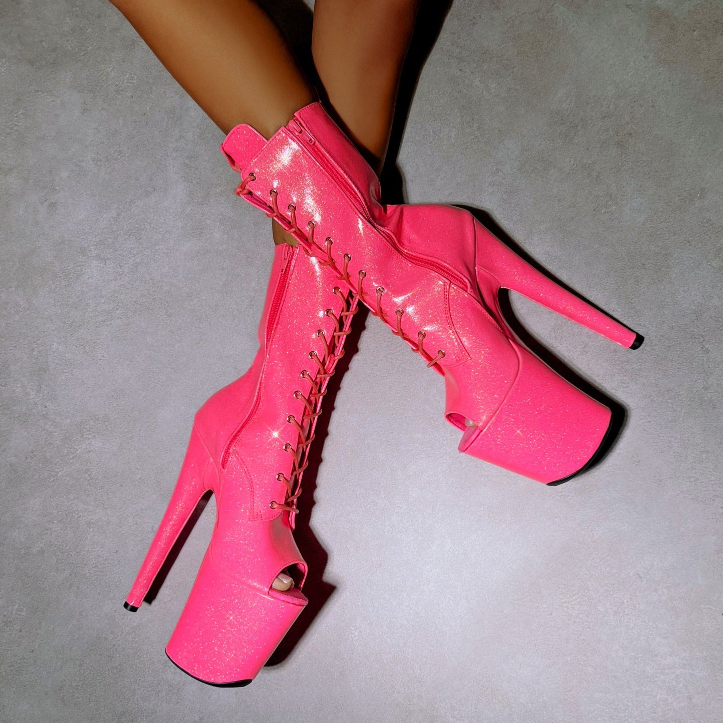 The Glitterati Boot Open Toe - Juicy Pink Burst - 8 INCH