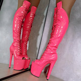 The Glitterati - Juicy Pink Burst Over Knee Open Toe Boot - 8INCH