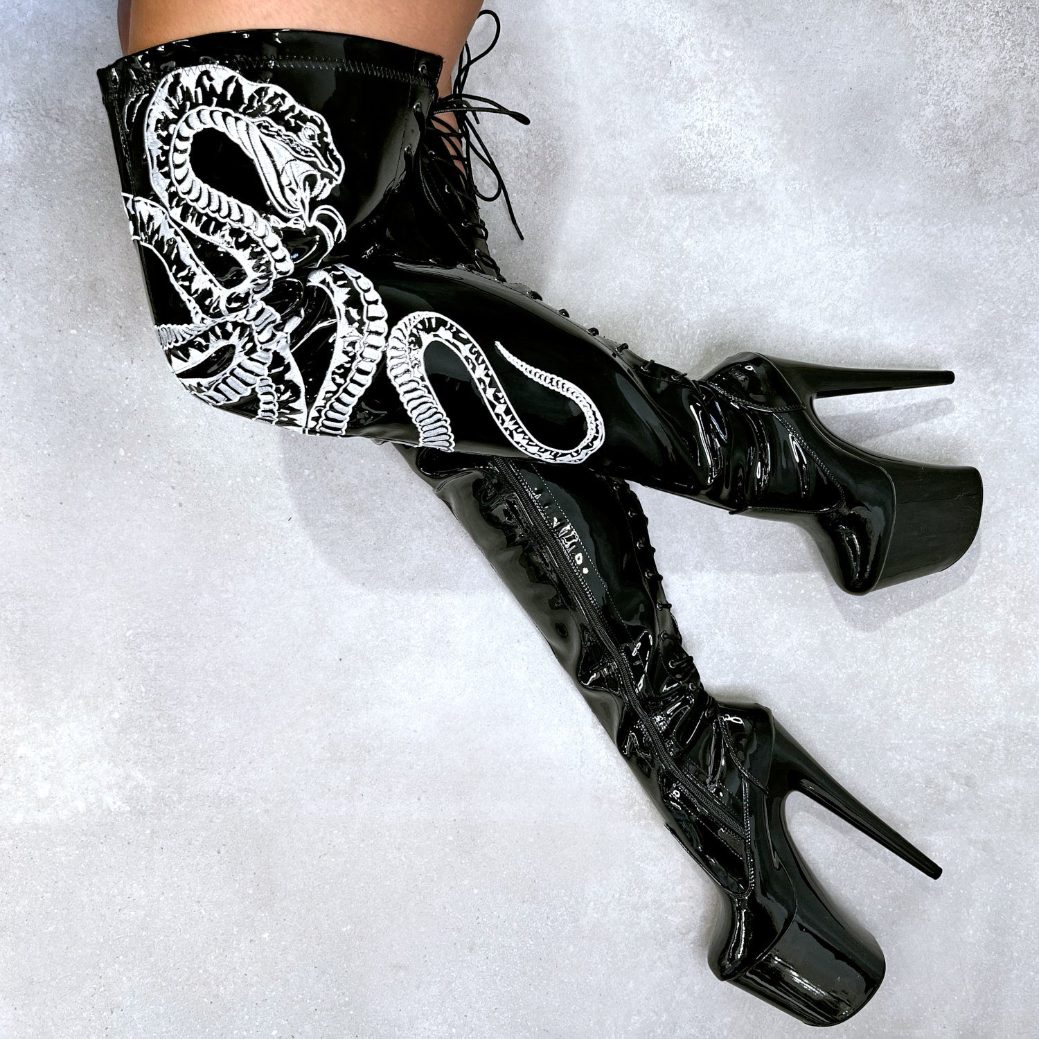 VIPER Boot Black with White Thicc Thigh High - 8INCH, stripper shoe, stripper heel, pole heel, not a pleaser, platform, dancer, pole dance, floor work