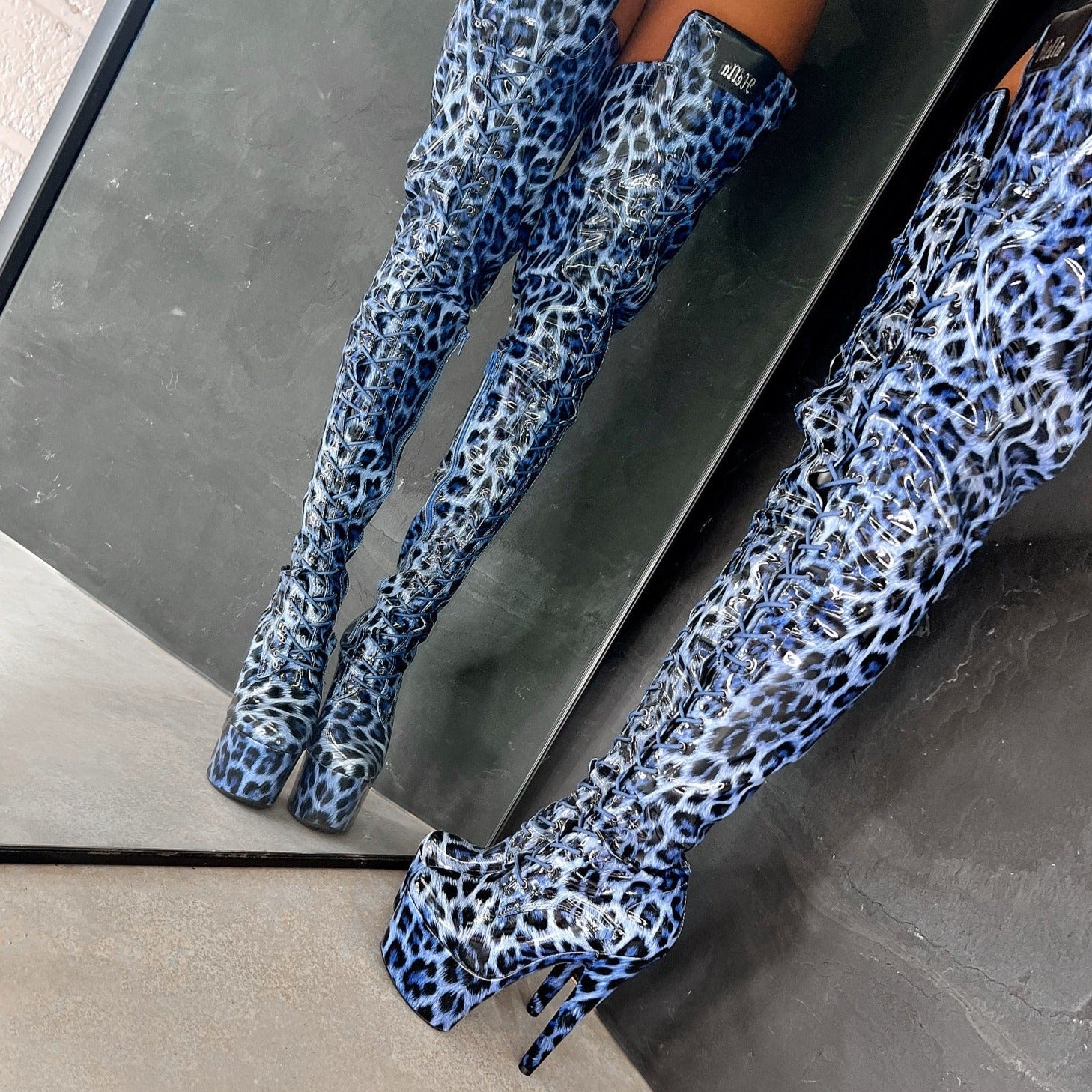 Blue Leopard Thigh High - 7 INCH, stripper shoe, stripper heel, pole heel, not a pleaser, platform, dancer, pole dance, floor work