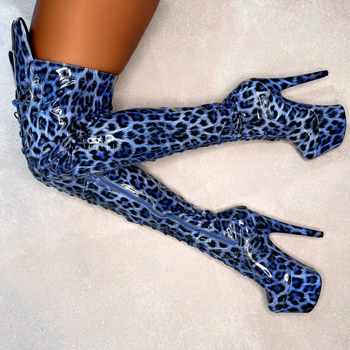 Blue Leopard Thigh High - 7 INCH, stripper shoe, stripper heel, pole heel, not a pleaser, platform, dancer, pole dance, floor work