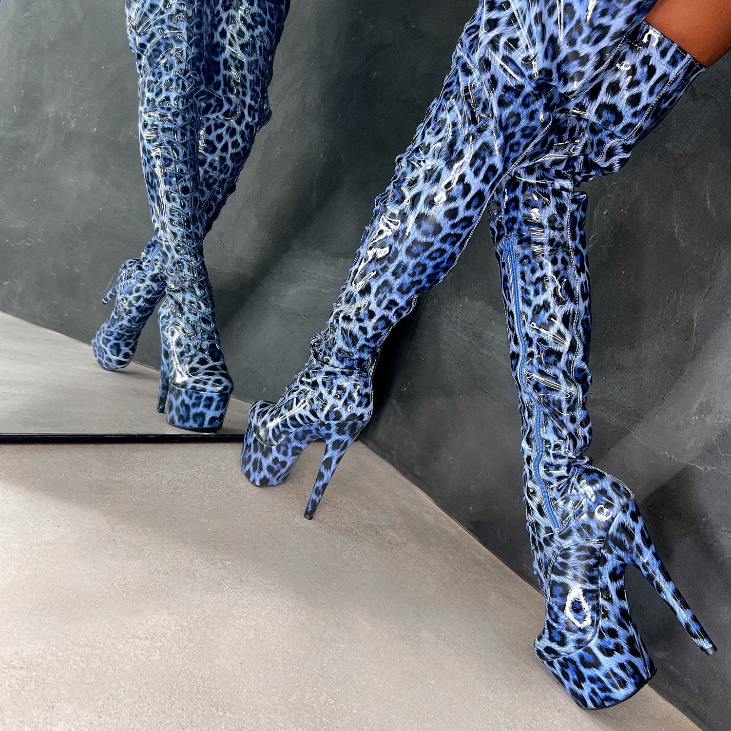 Blue Leopard Thigh High - 7 INCH, stripper shoe, stripper heel, pole heel, not a pleaser, platform, dancer, pole dance, floor work