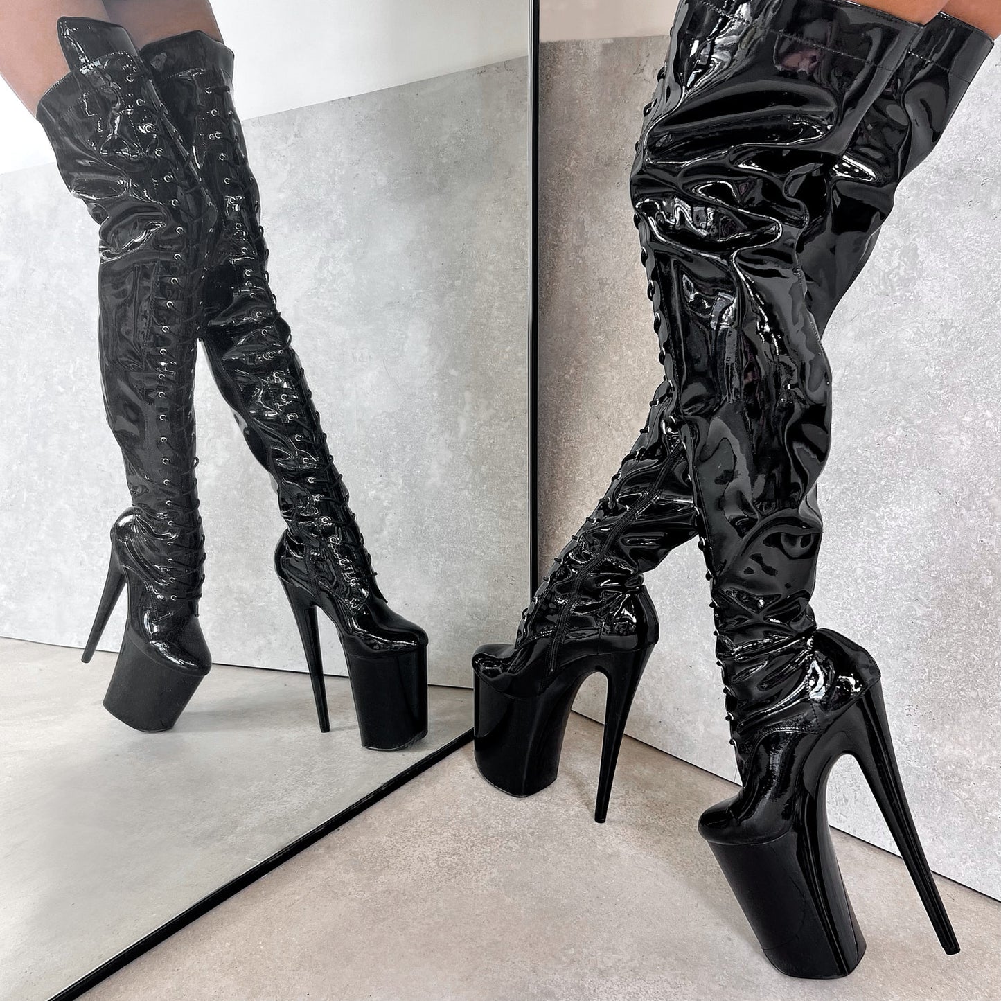 Thigh High Front Lace - Black Beatle - 9 INCH, stripper shoe, stripper heel, pole heel, not a pleaser, platform, dancer, pole dance, floor work