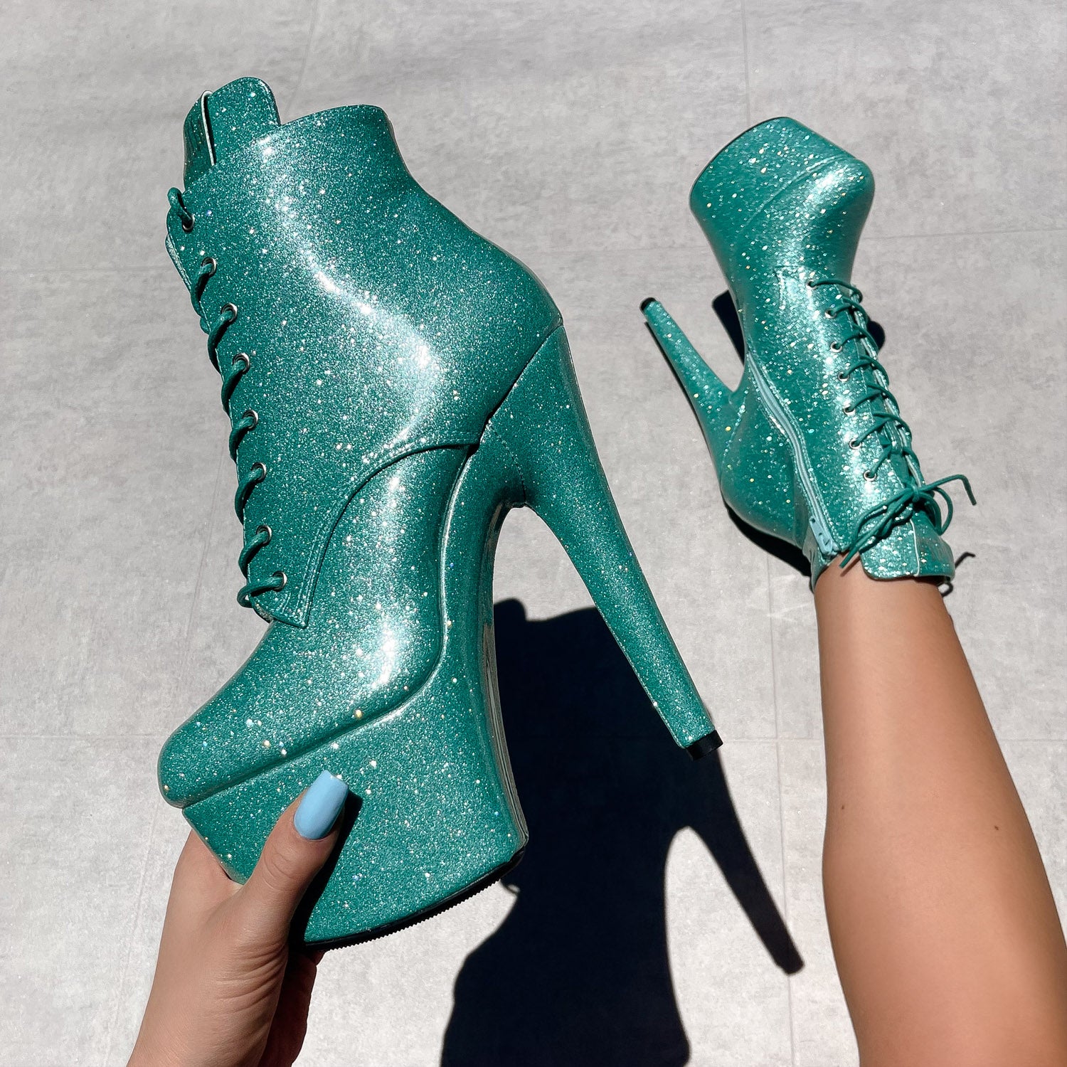 The Glitterati Ankle Boot - Baby Blue - 7 INCH, stripper shoe, stripper heel, pole heel, not a pleaser, platform, dancer, pole dance, floor work