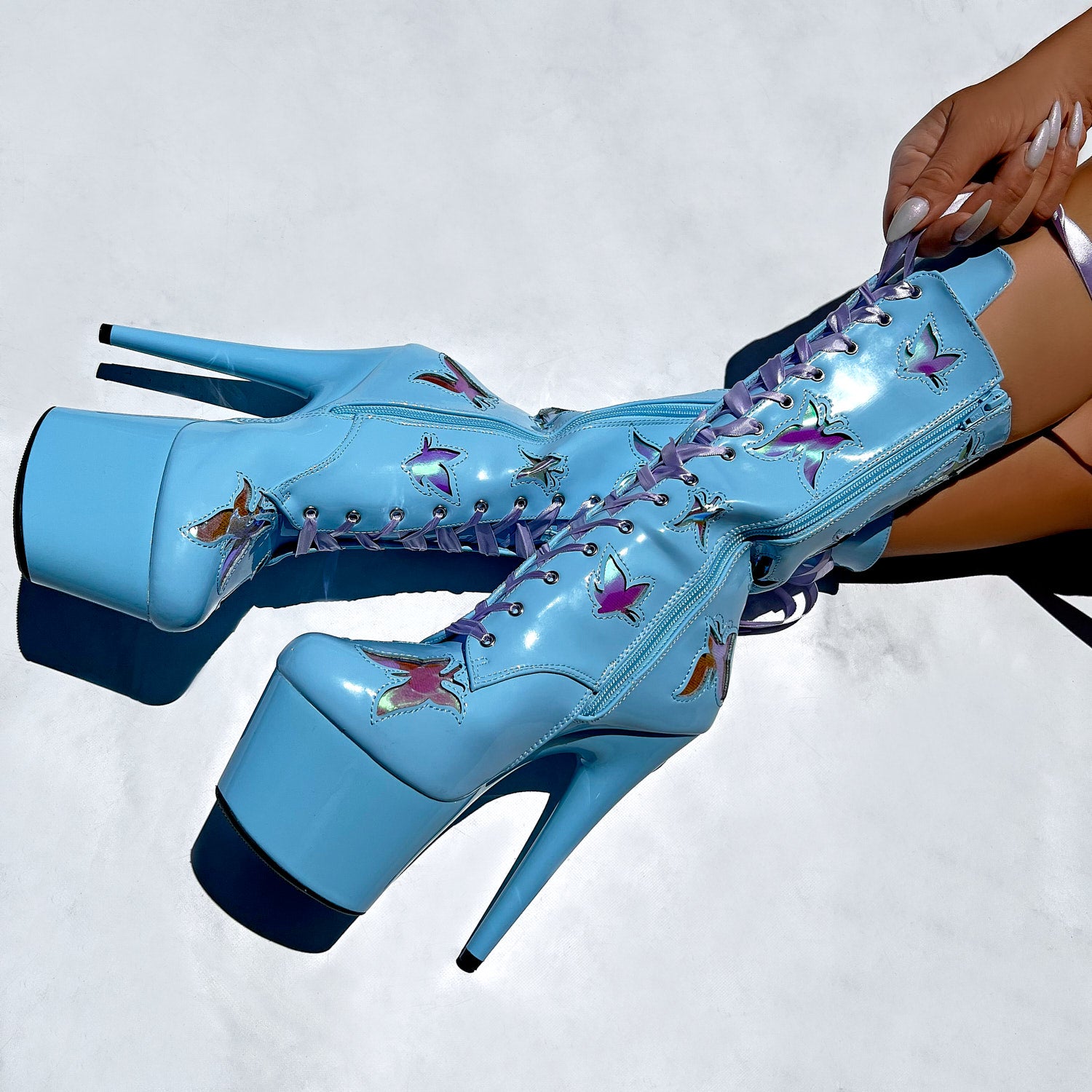 Butterfly Boot - Blue - 7 INCH, stripper shoe, stripper heel, pole heel, not a pleaser, platform, dancer, pole dance, floor work