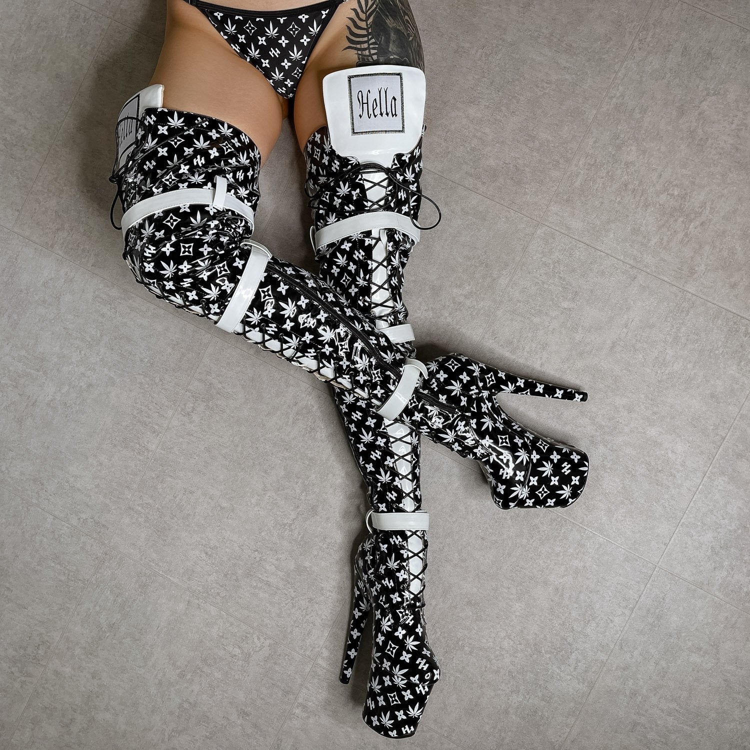 Branded Thigh High - Black - 8 INCH, stripper shoe, stripper heel, pole heel, not a pleaser, platform, dancer, pole dance, floor work
