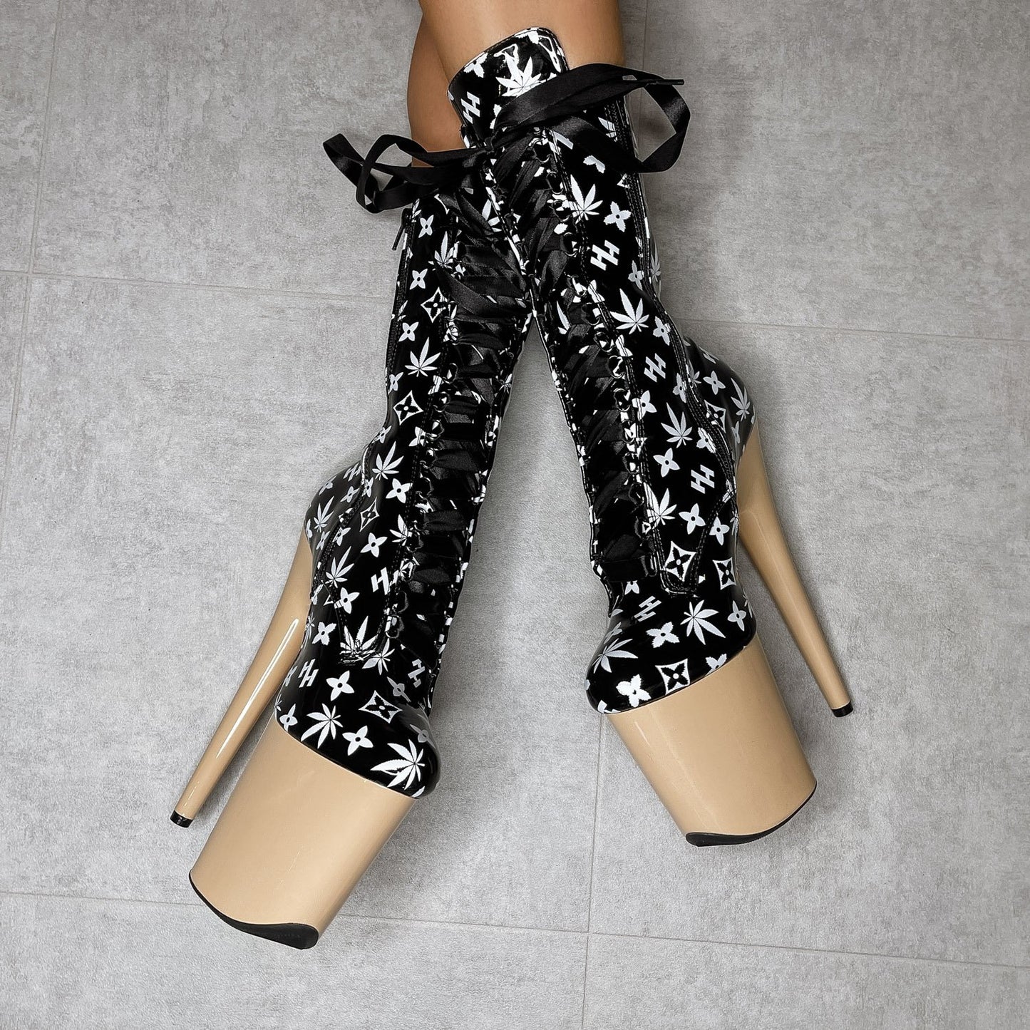 Branded Boot - Black/Sand - 8 INCH, stripper shoe, stripper heel, pole heel, not a pleaser, platform, dancer, pole dance, floor work