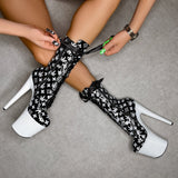 Branded Boot - Black/White - 8 INCH, stripper shoe, stripper heel, pole heel, not a pleaser, platform, dancer, pole dance, floor work